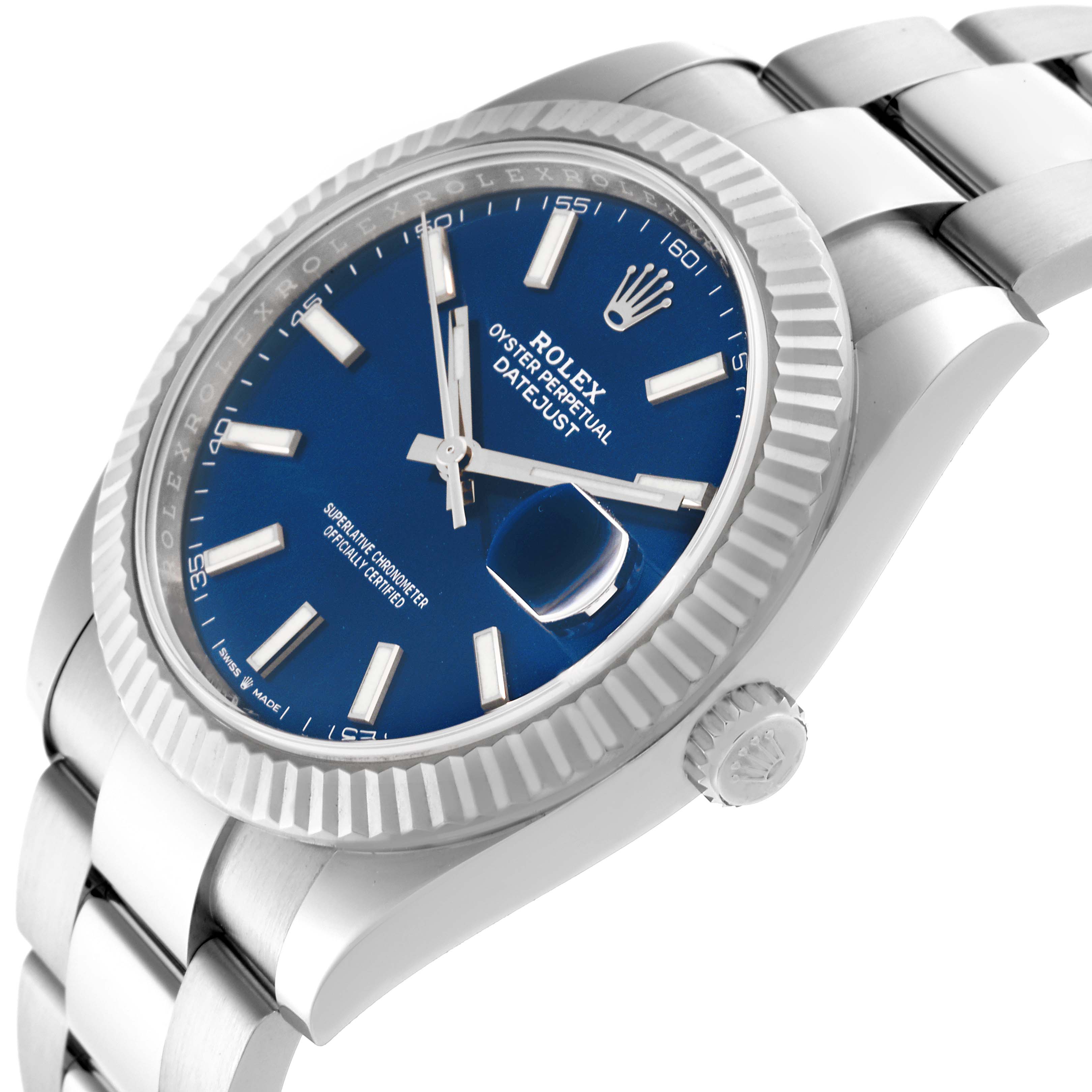 The Rolex Datejust 41 126334 Men
s Stainless Steel Blue Dial 126334 Men
s Stainless Steel Blue Dial is shown from a side angle, highlighting the blue dial, fluted bezel, and part of the bracelet.
