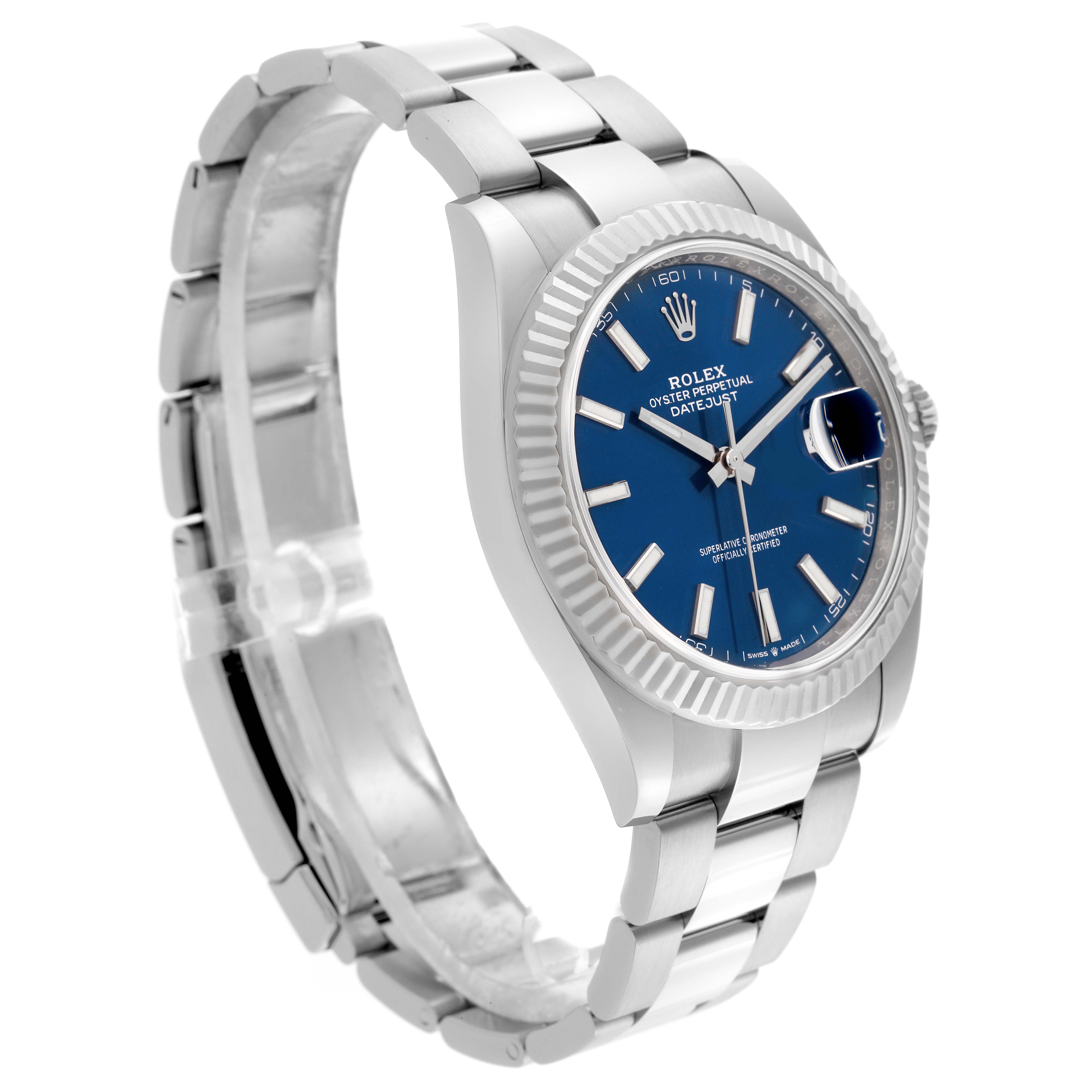 The Rolex Datejust 41 126334 Men
s Stainless Steel Blue Dial 126334 Men
s Stainless Steel Blue Dial watch is shown at a side angle, displaying the face, case, and part of the bracelet.
