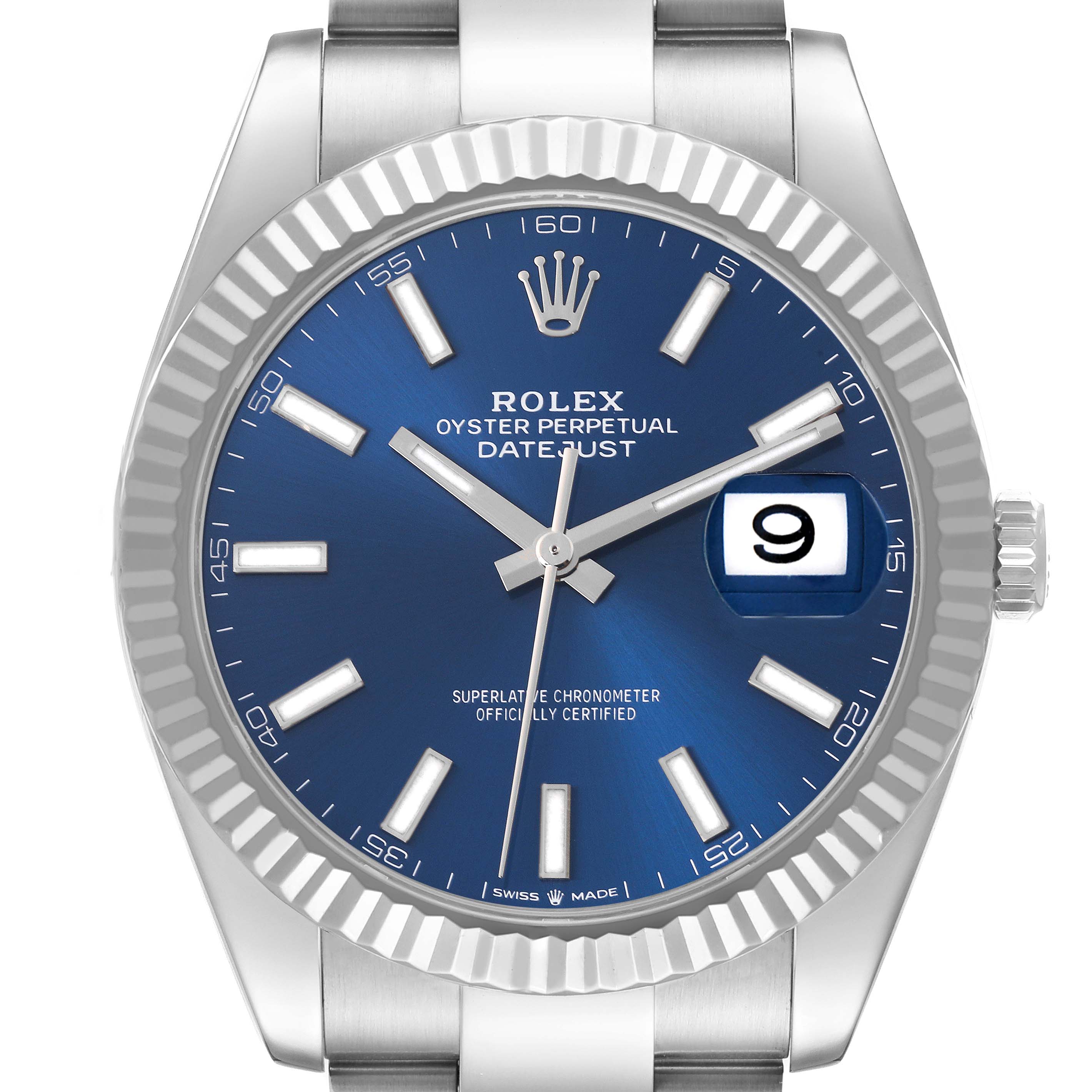 The Rolex Datejust 41 126334 Men
s Stainless Steel Blue Dial 126334 Men
s Stainless Steel Blue Dial is shown from the front, displaying the dial, fluted bezel, hands, and bracelet top.