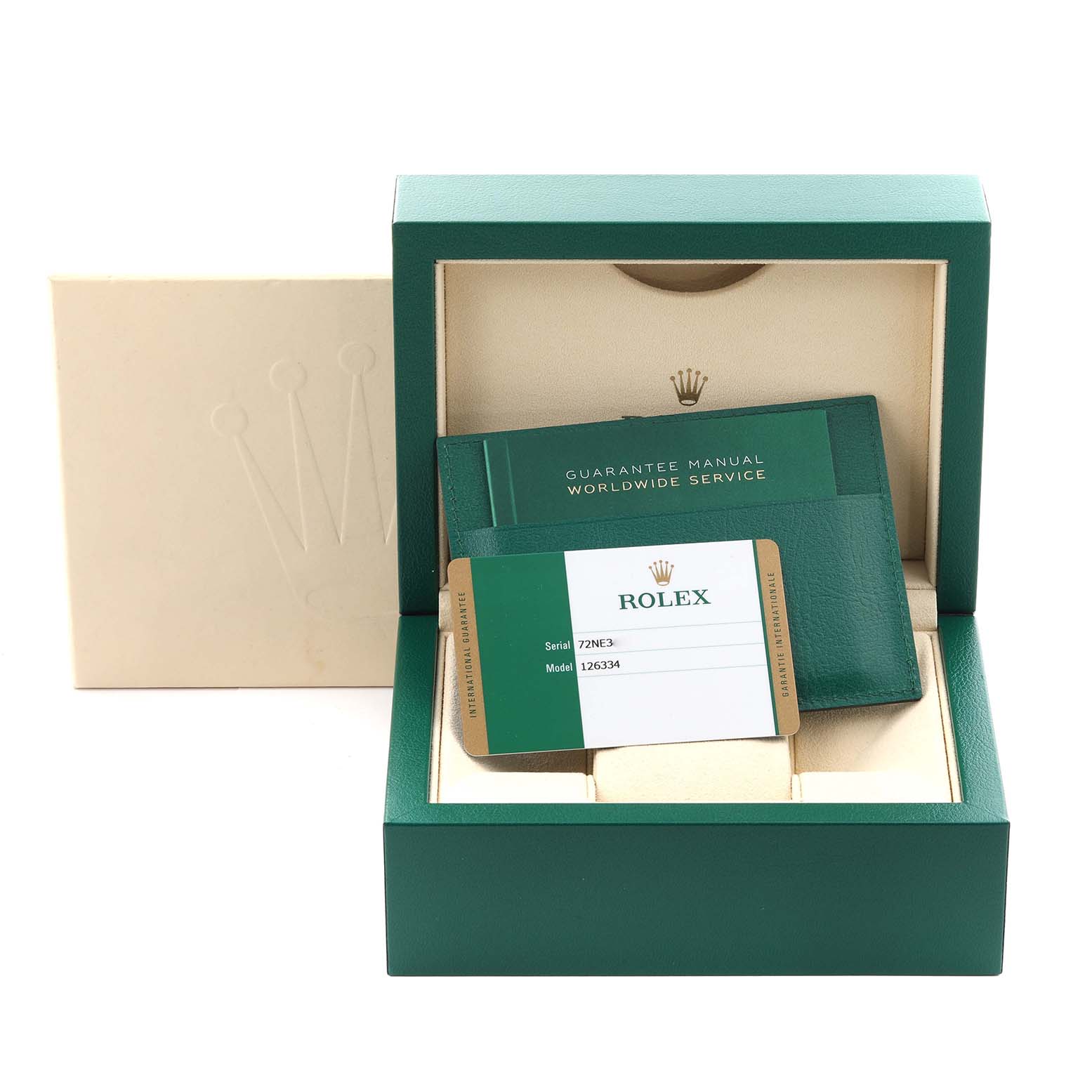 The image shows a Rolex Datejust 41 126334 Men
s Stainless Steel Blue Dial 126334 Men
s Stainless Steel Blue Dial model box with warranty card and manual, viewed from the front.