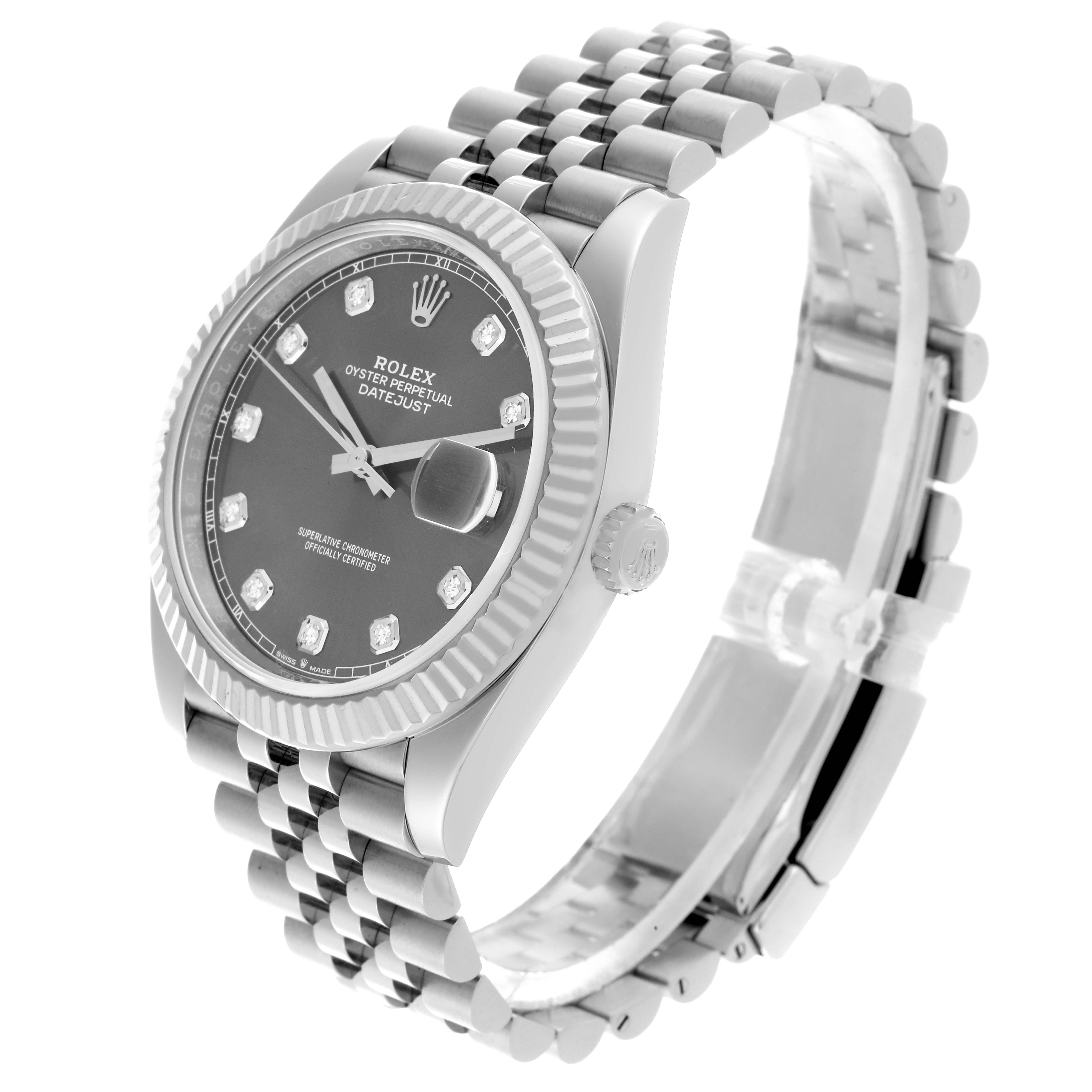 The Rolex Datejust 41 126334 Men
s Stainless Steel Grey Dial 126334 Men
s Stainless Steel Grey Dial watch is shown at an angle highlighting the face, bezel, and bracelet.