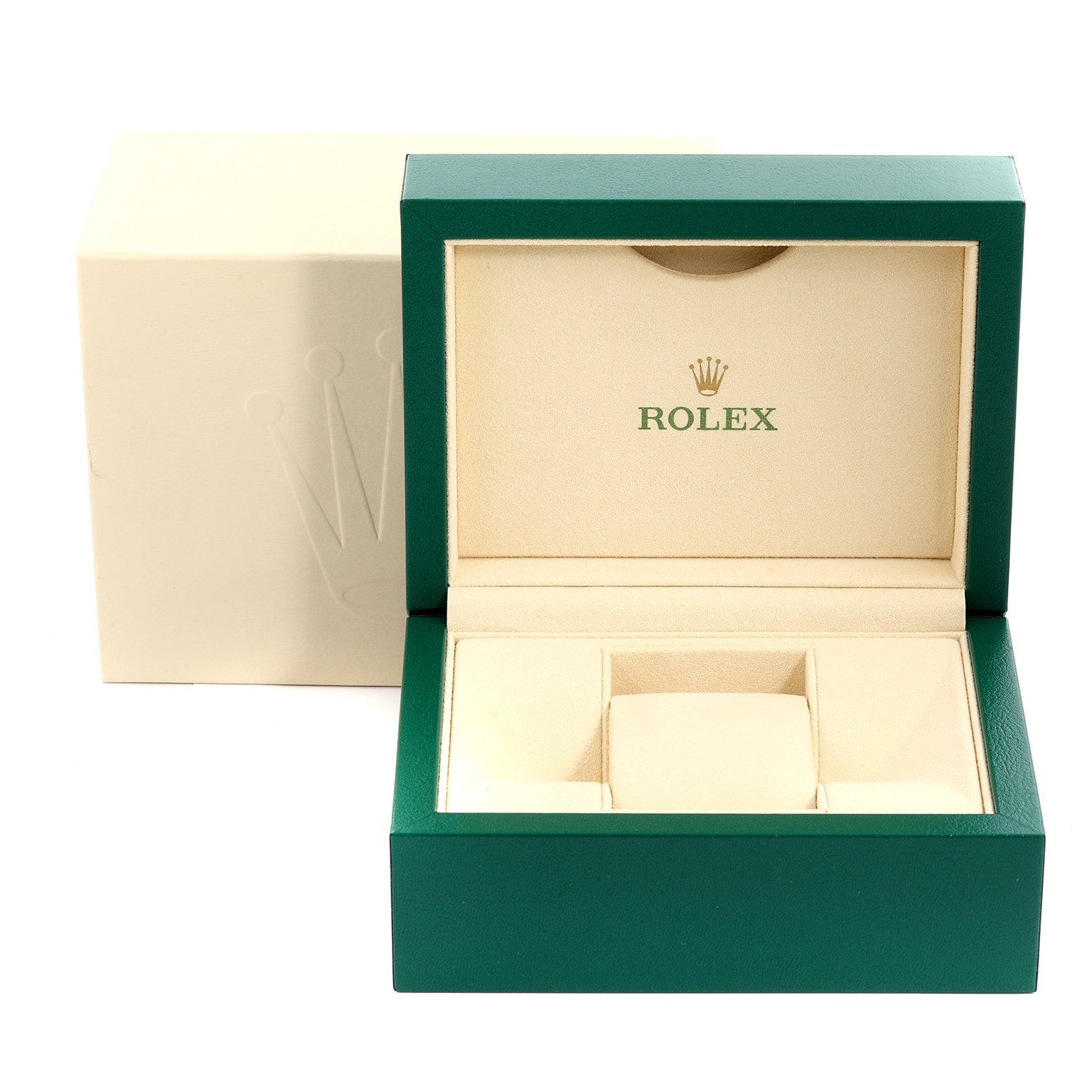 The image shows the empty watch box for the Rolex Datejust 41 126334 Men
s Stainless Steel Grey Dial 126334 Men
s Stainless Steel Grey Dial, with a green outer box and a beige interior.