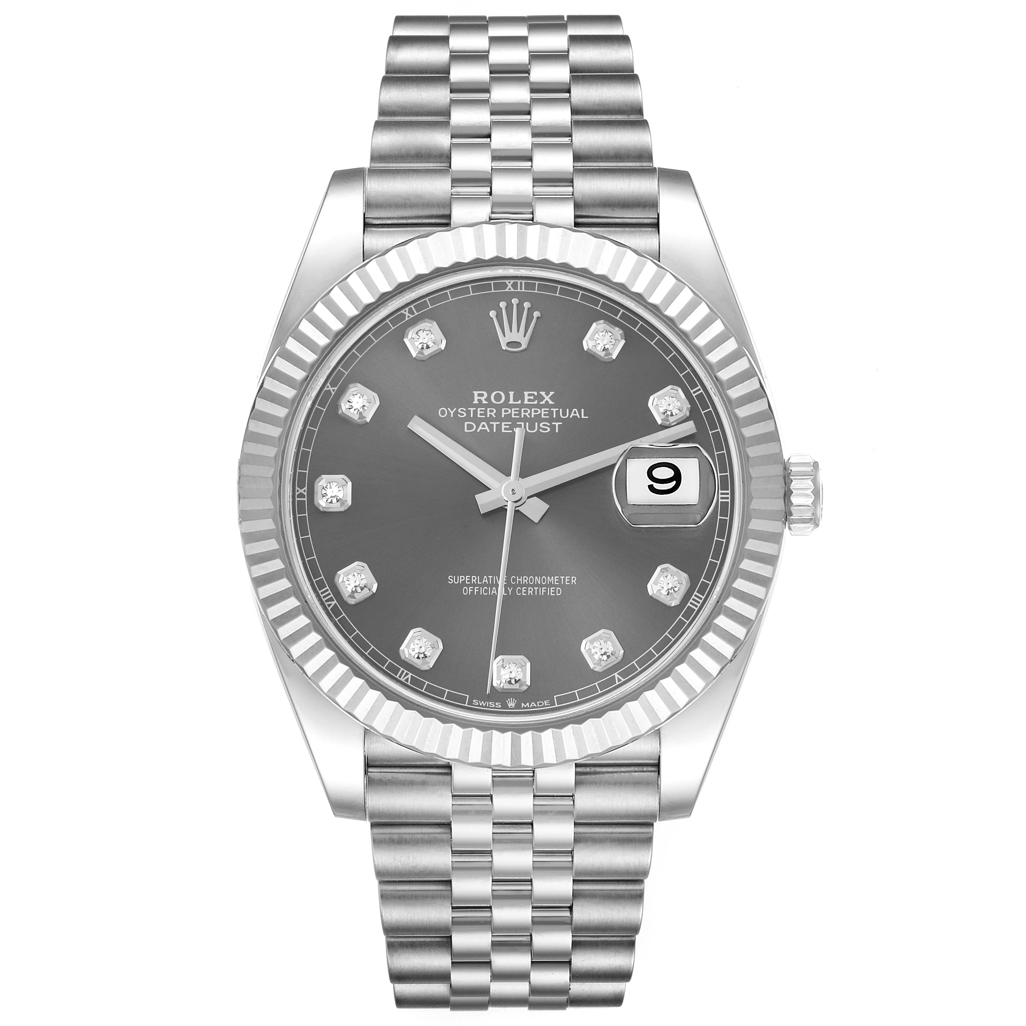The image shows a front view of a Rolex Datejust 41 126334 Men
s Stainless Steel Grey Dial 126334 Men
s Stainless Steel Grey Dial watch with a gray dial, fluted bezel, and jubilee bracelet.