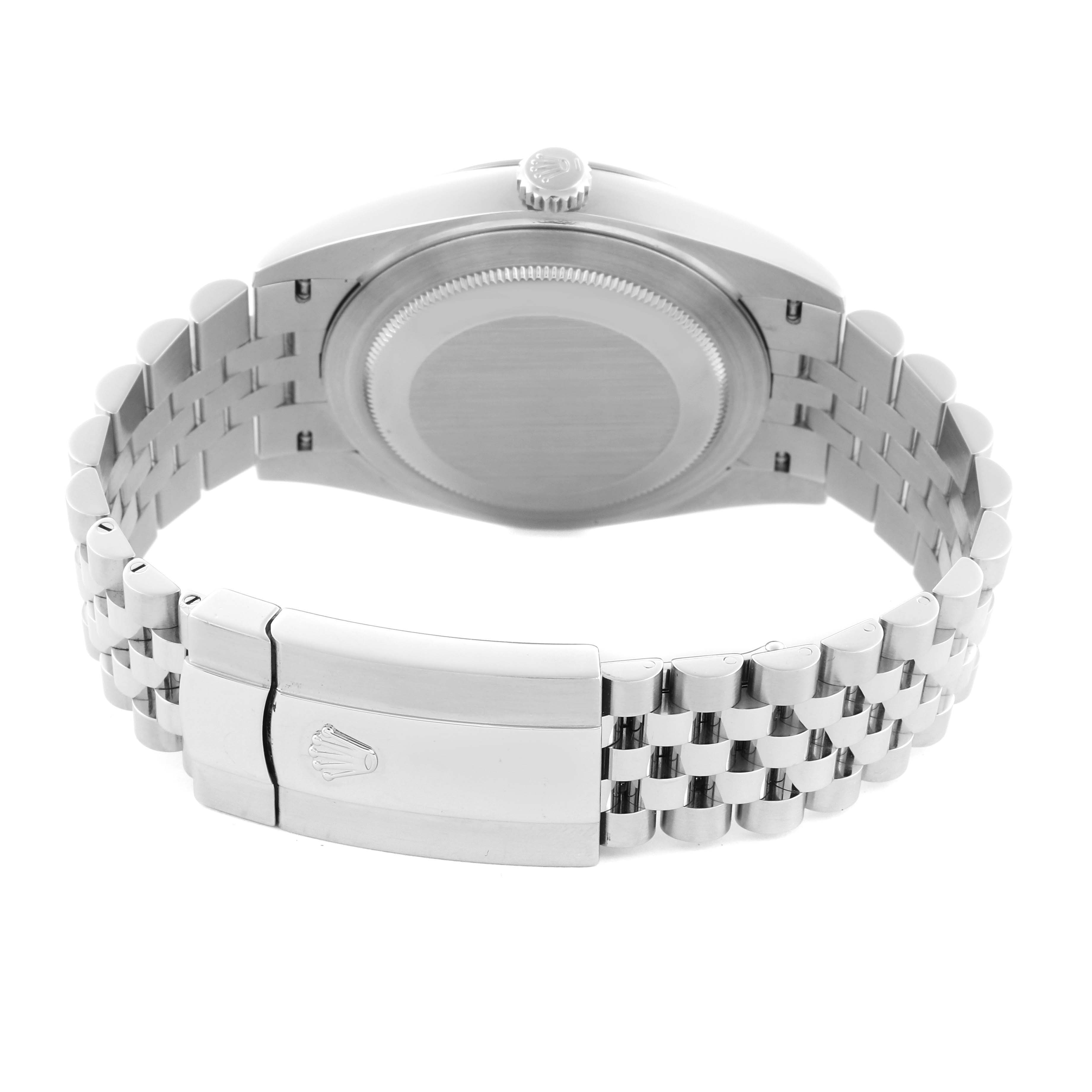 The image shows the back angle of a Rolex Datejust 41 126334 Men
s Stainless Steel Grey Dial 126334 Men
s Stainless Steel Grey Dial, highlighting the case back and bracelet clasp.