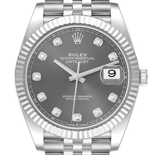 The Rolex Datejust 41 watch is shown from a front angle, displaying the face, bezel, and bracelet.