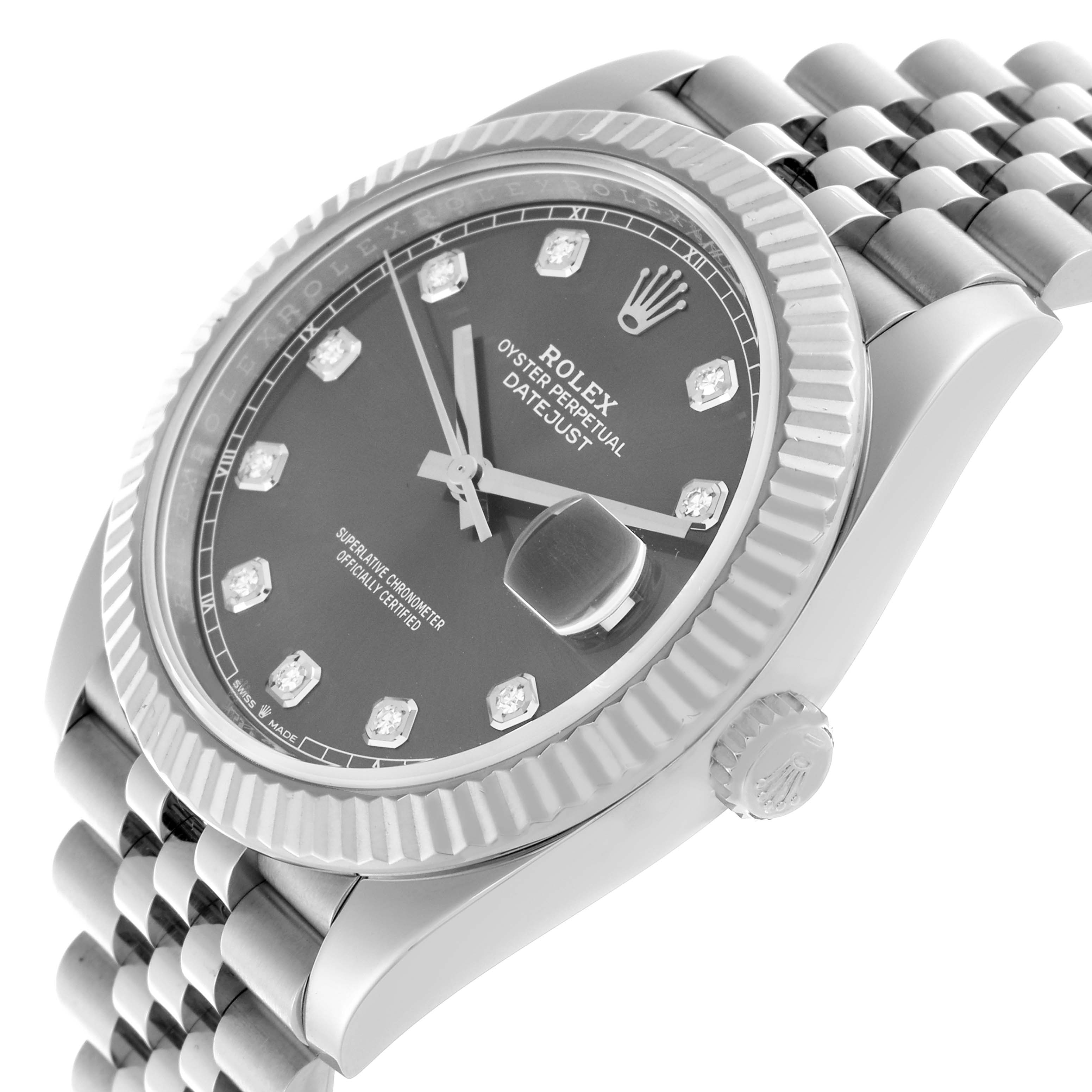 The image shows a side angle of the Rolex Datejust 41 126334 Men
s Stainless Steel Grey Dial 126334 Men
s Stainless Steel Grey Dial, highlighting the dial, bezel, crown, and part of the bracelet.