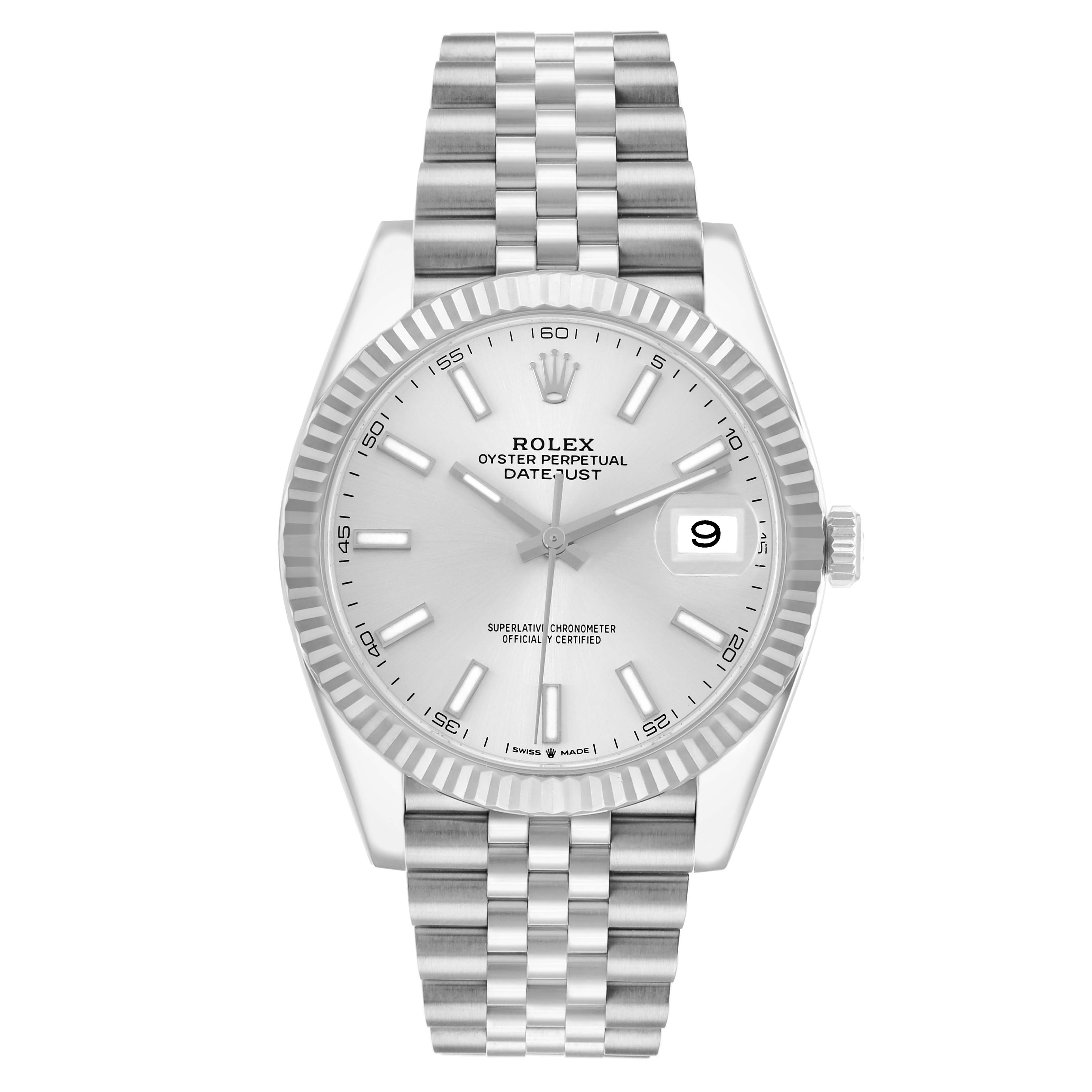 The Rolex Datejust 41 126334 Men
s Stainless Steel Silver Dial watch is shown from the front, highlighting its dial, fluted bezel, and Jubilee bracelet.