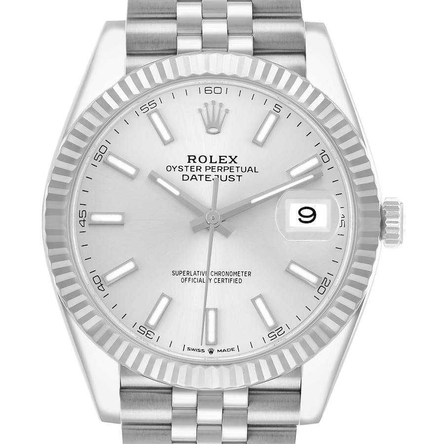 The Rolex Datejust 41 126334 Men's Stainless Steel Silver Dial is shown in a front view, highlighting the dial, bezel, bracelet, and crown.