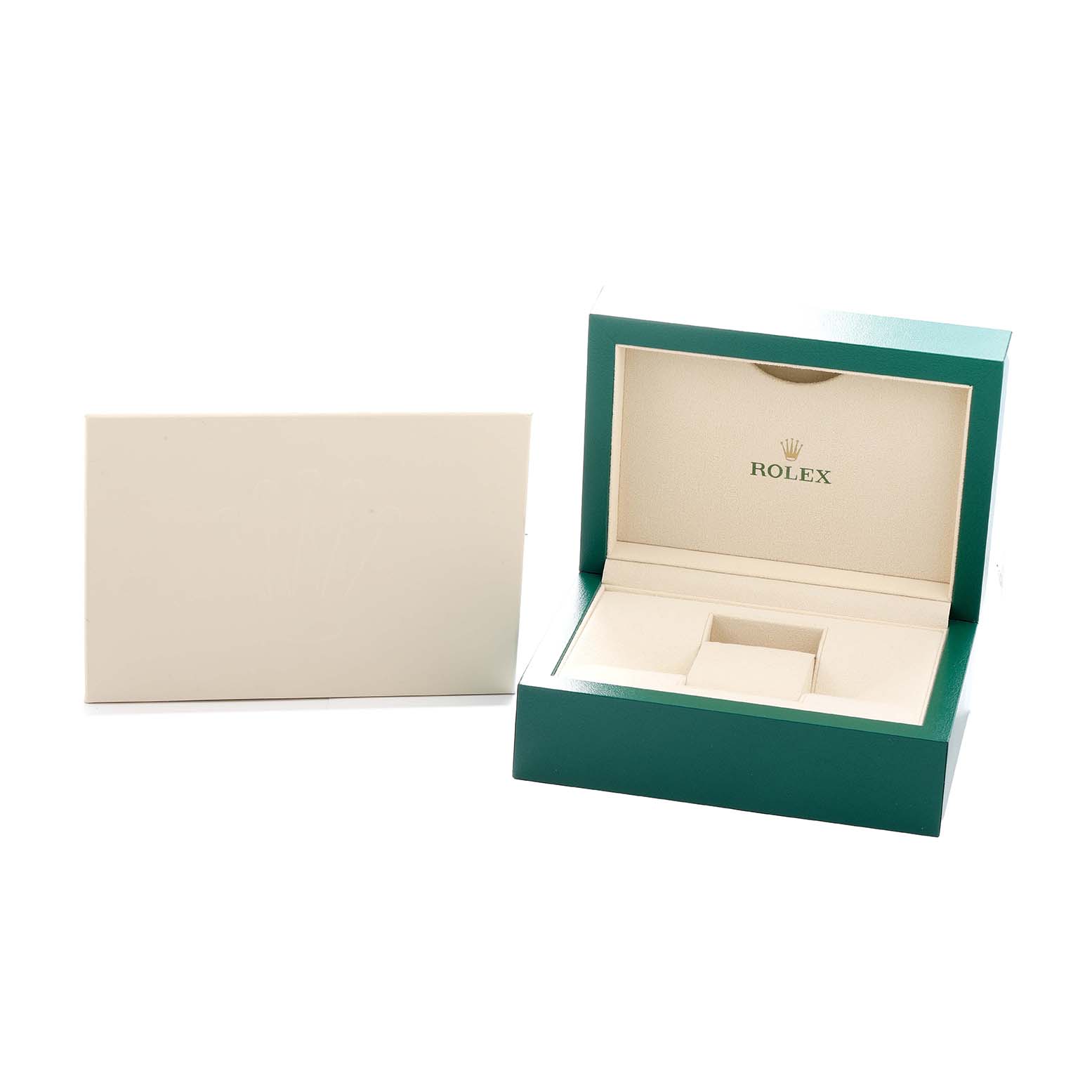 The image shows an open green box for the Rolex Datejust 41 126334 Men
s Stainless Steel Silver Dial, displaying its interior compartments.