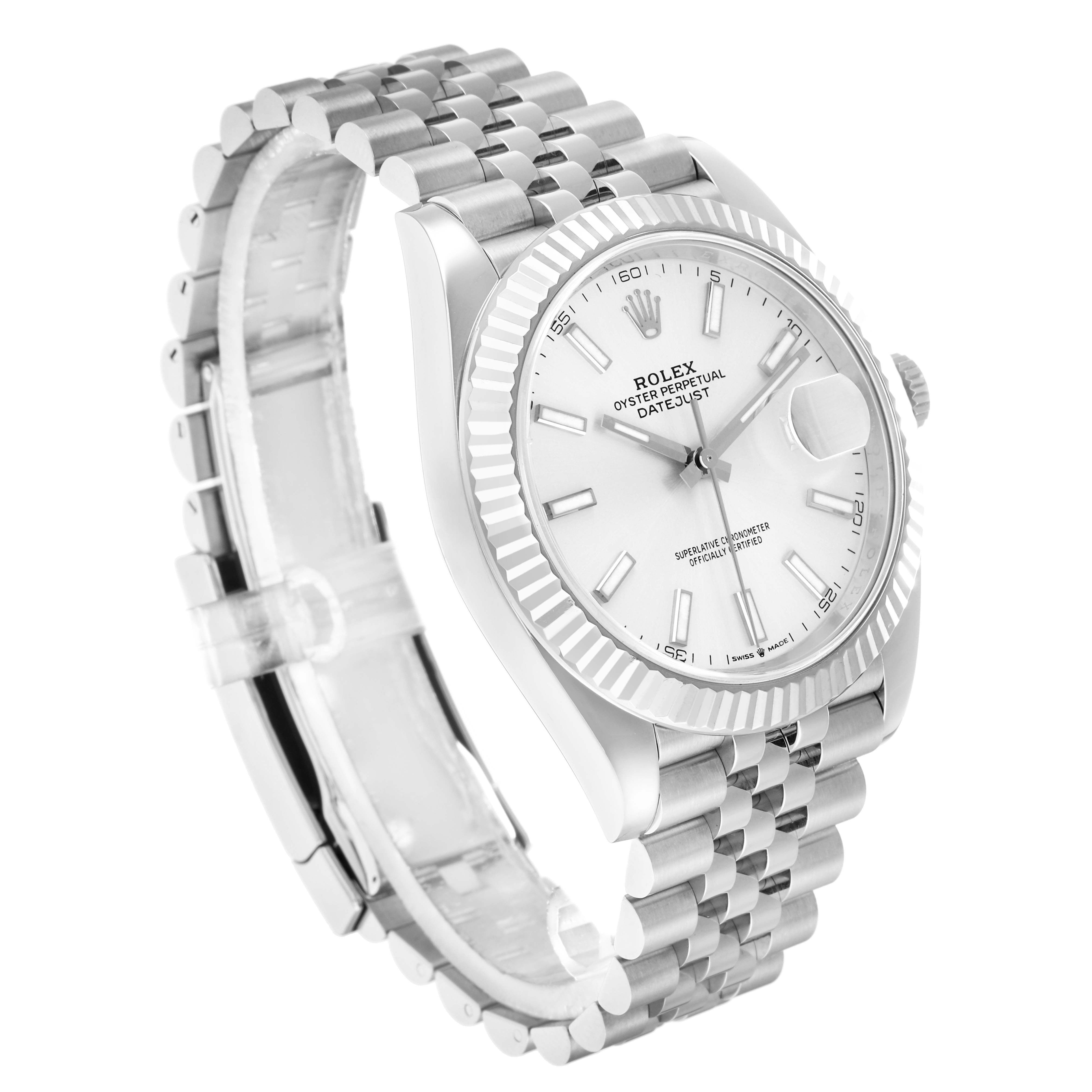 The Rolex Datejust 41 126334 Men
s Stainless Steel Silver Dial is shown at a three-quarter view highlighting the face, fluted bezel, bracelet, and crown.