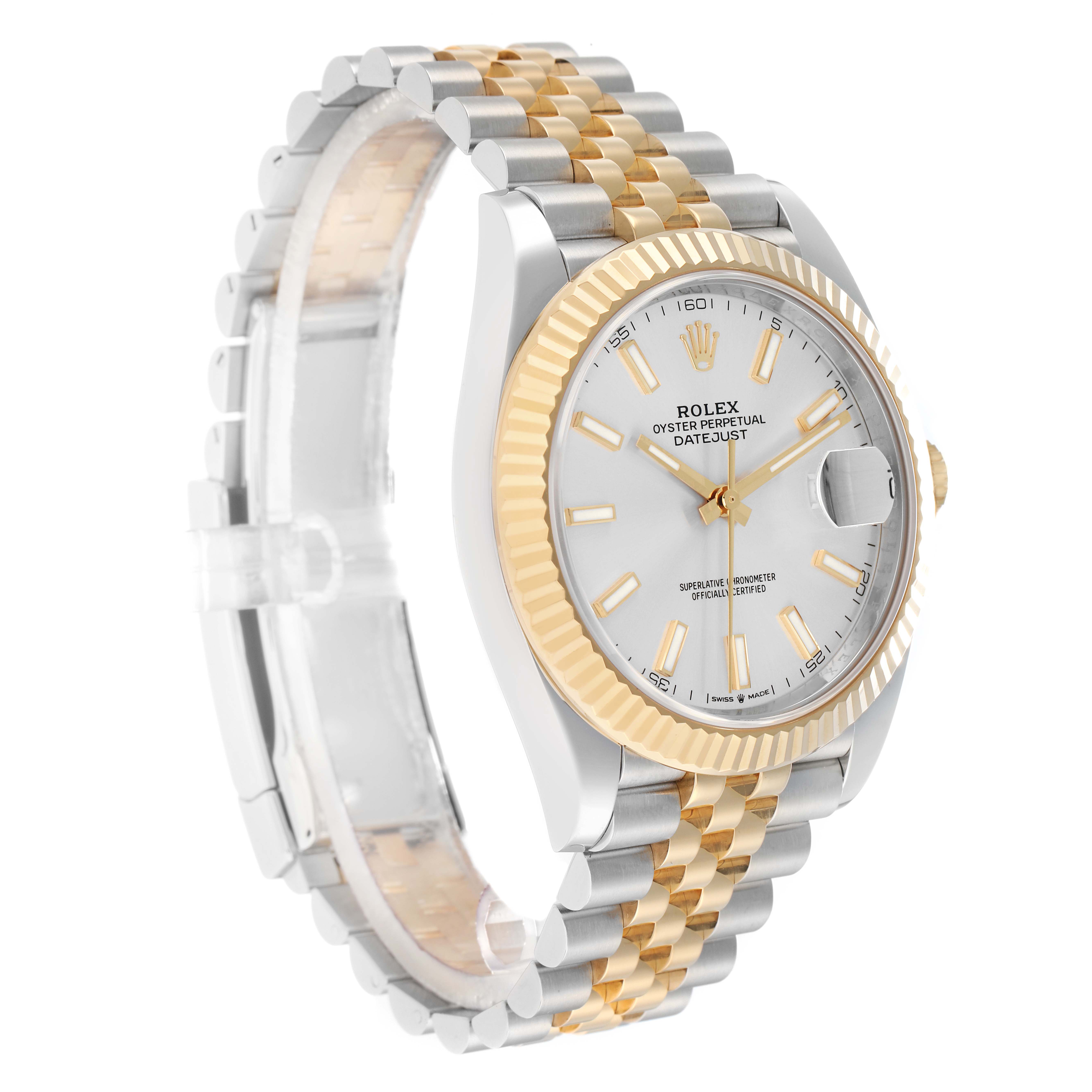 The Rolex Datejust 41 126333 Men
s Steel and Gold (two tone) Silver Dial is shown at a three-quarter angle, displaying the face, fluted bezel, and Jubilee bracelet.