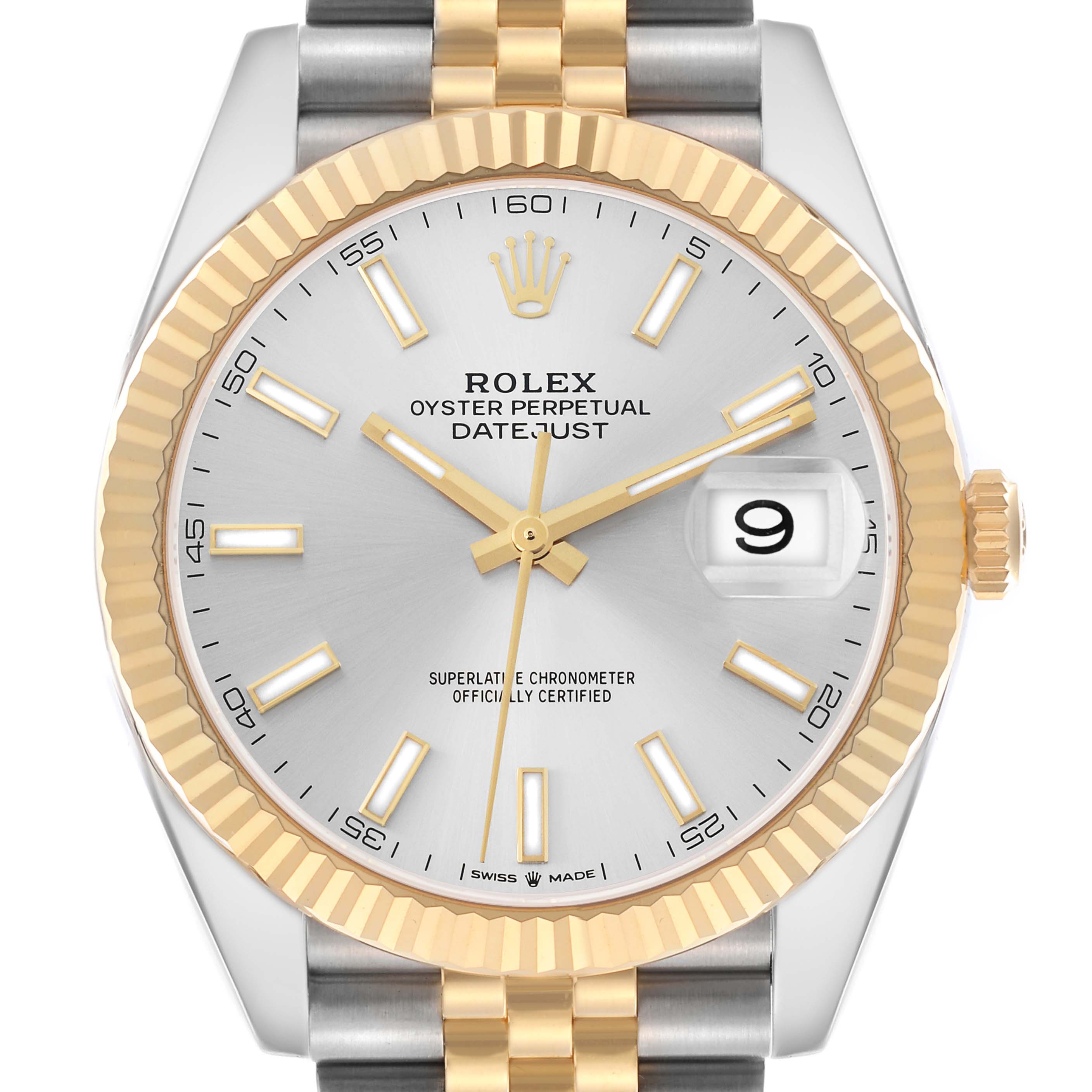 The Rolex Datejust 41 126333 Men
s Steel and Gold (two tone) Silver Dial watch is shown from a front angle, highlighting its dial, fluted bezel, and part of the two-tone bracelet.
