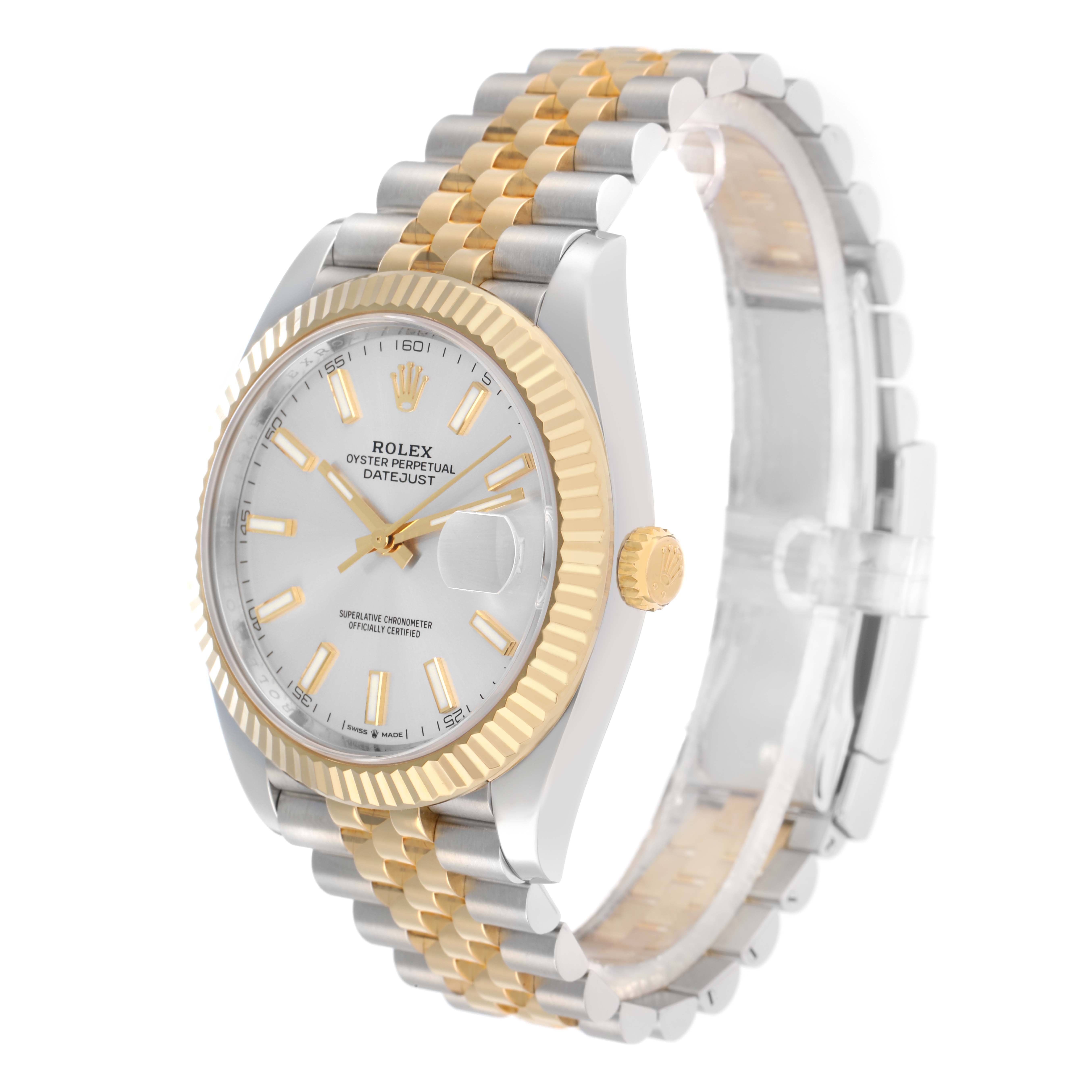 The Rolex Datejust 41 126333 Men
s Steel and Gold (two tone) Silver Dial is shown at an angle highlighting the dial, fluted bezel, and two-tone bracelet.