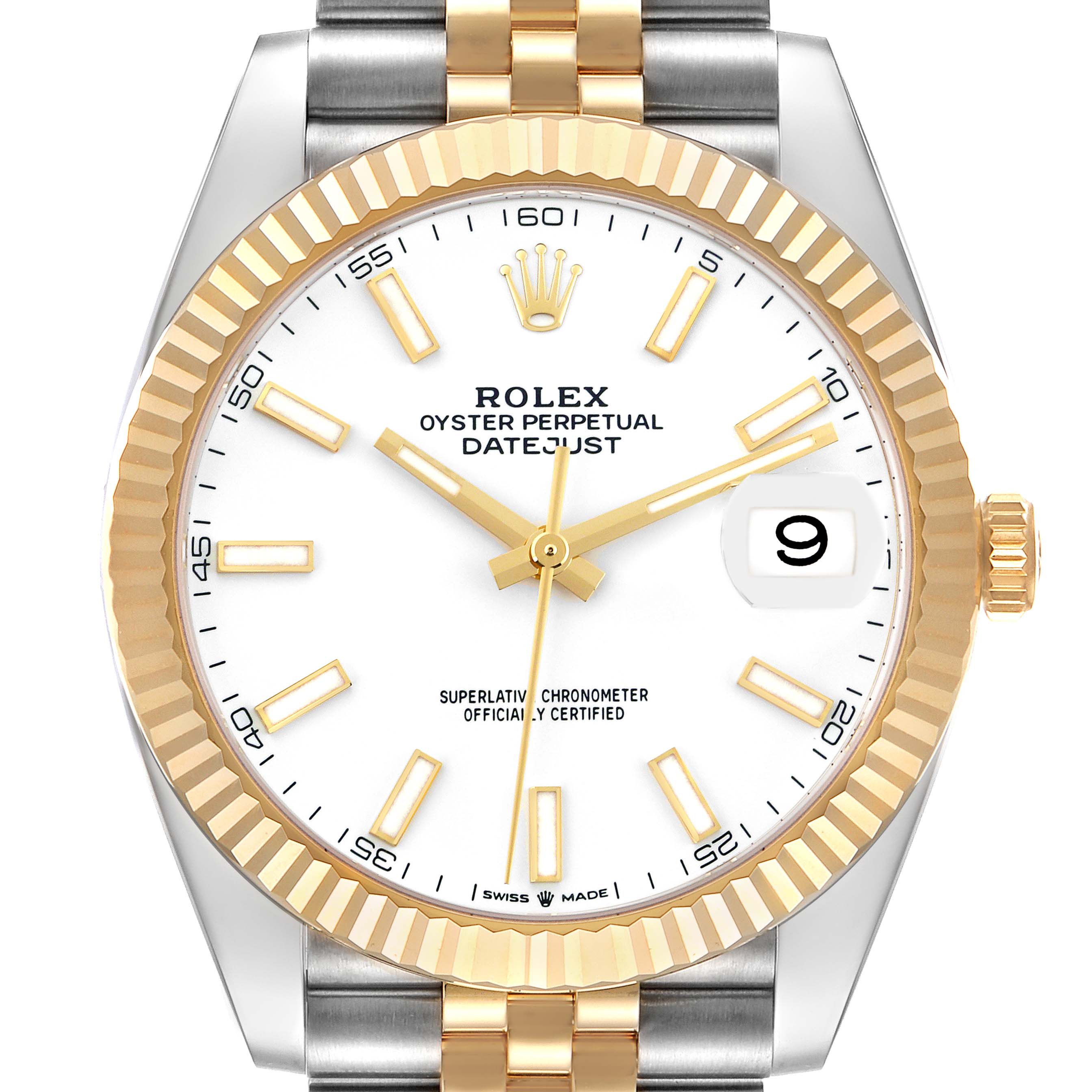 The image shows a front view of the Rolex Datejust 41 126333 Men's Steel and Gold (two tone) White Dial 126333 Men's Steel and Gold (two tone) White Dial watch, highlighting its face, bezel, and parts of the bracelet.