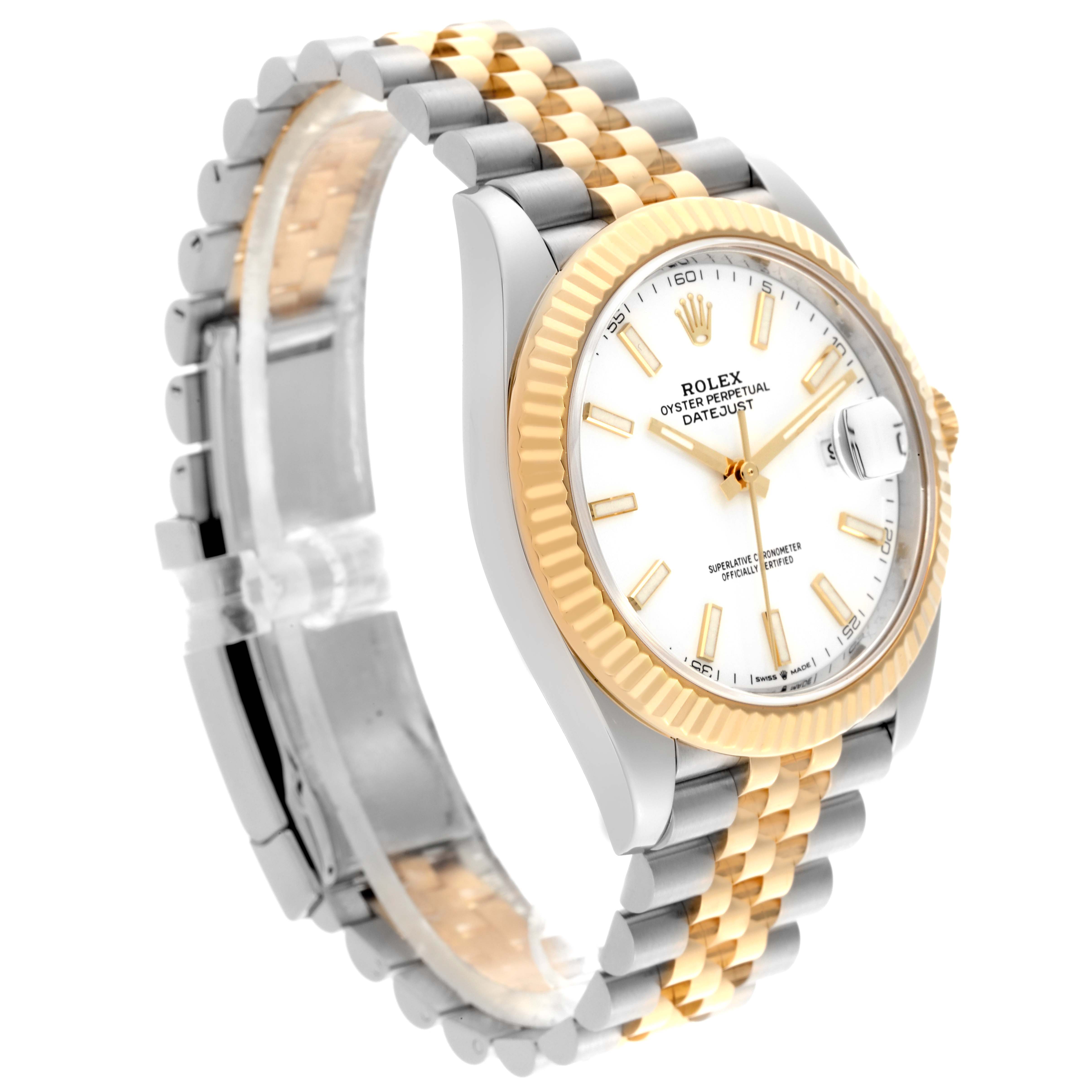 The Rolex Datejust 41 126333 Men's Steel and Gold (two tone) White Dial 126333 Men's Steel and Gold (two tone) White Dial is shown in a side angle highlighting the gold bezel, white dial, and two-tone bracelet.