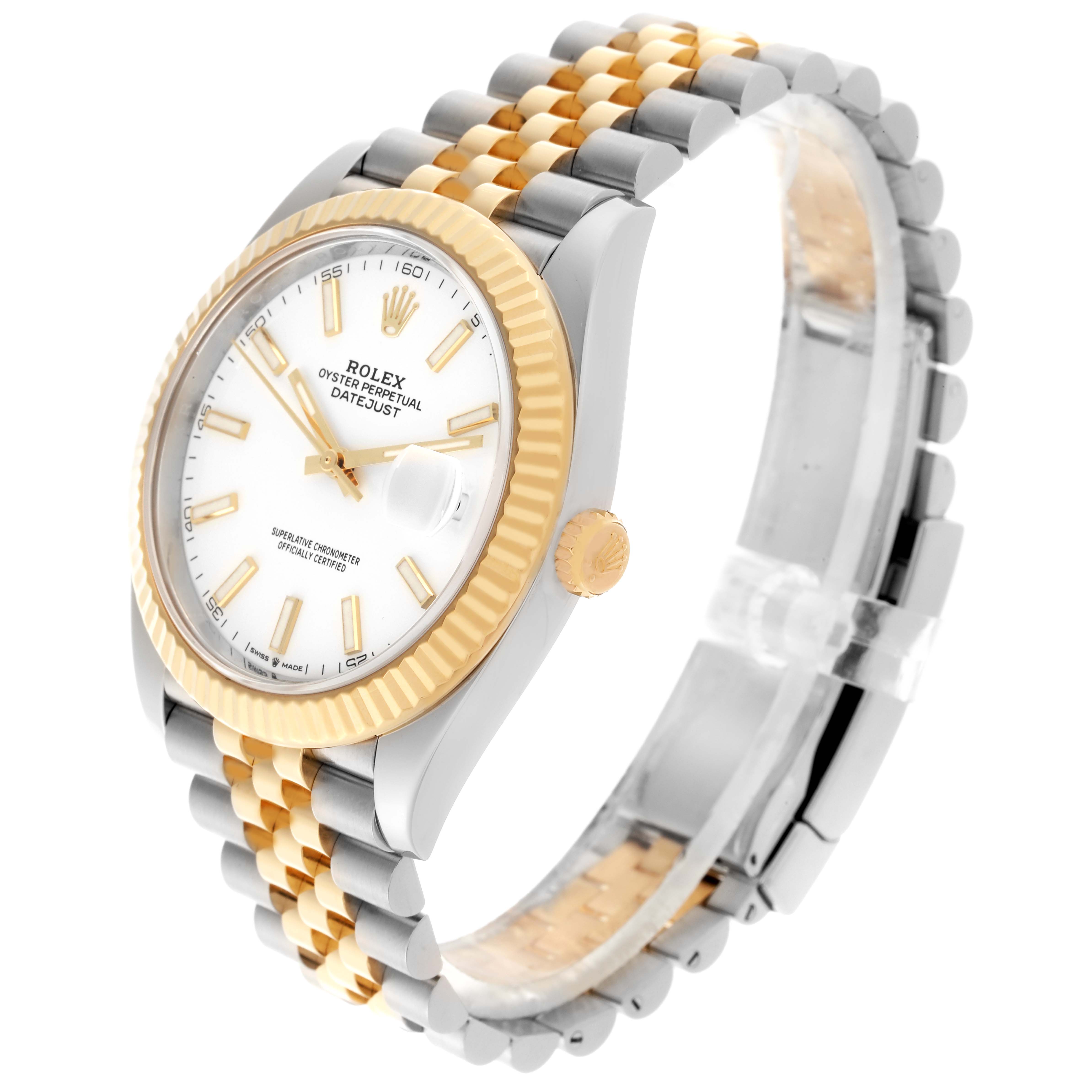 The Rolex Datejust 41 126333 Men's Steel and Gold (two tone) White Dial 126333 Men's Steel and Gold (two tone) White Dial is shown at a three-quarter angle, highlighting the face, bezel, crown, and Jubilee bracelet.