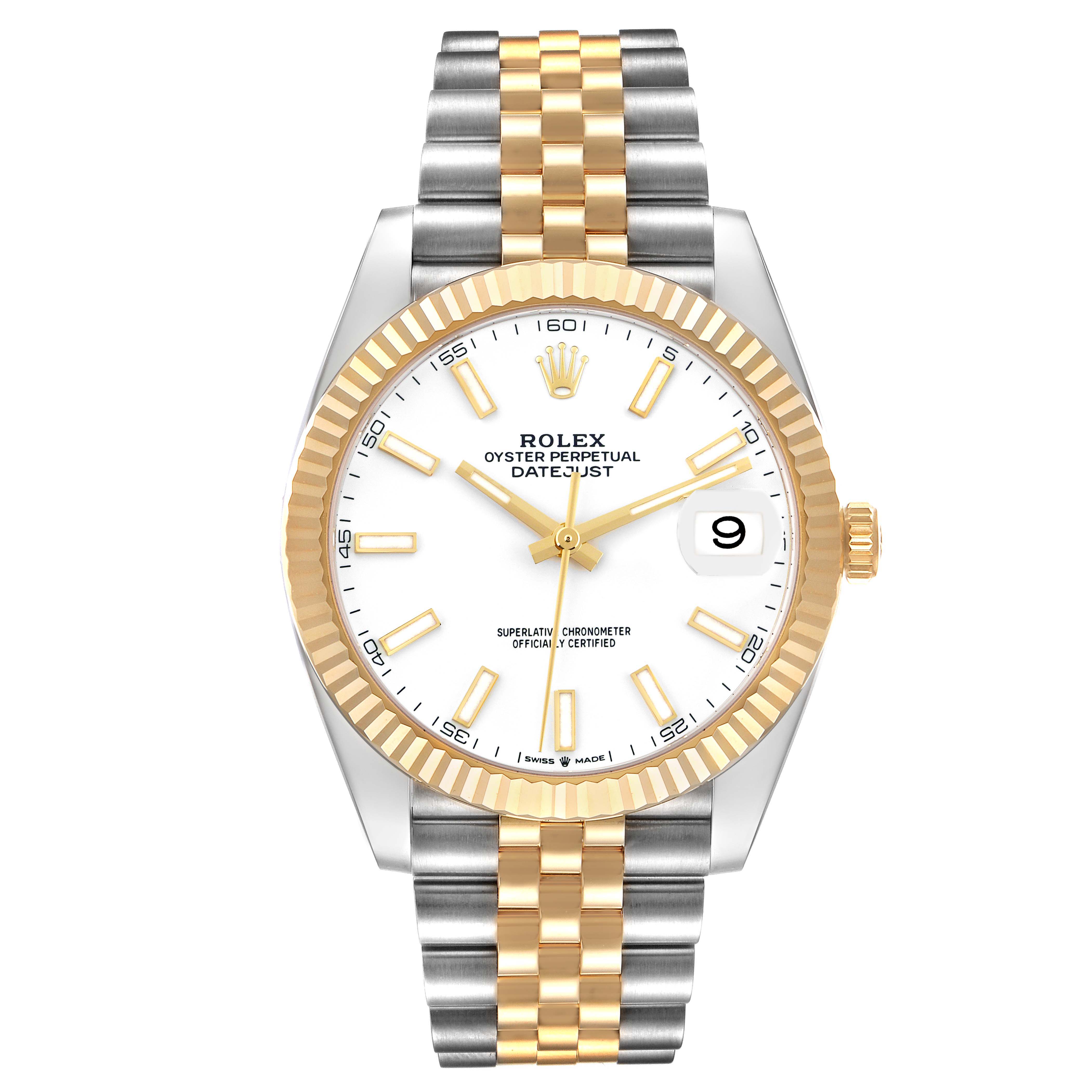 The Rolex Datejust 41 126333 Men's Steel and Gold (two tone) White Dial 126333 Men's Steel and Gold (two tone) White Dial watch is shown from a front angle, displaying the dial, bezel, and bracelet.