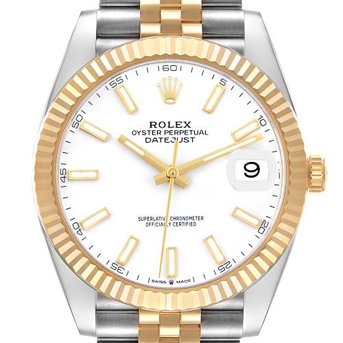 This Rolex Datejust 41 displays a frontal view of the white dial, gold fluted bezel, hands, markers, and stainless steel bracelet.