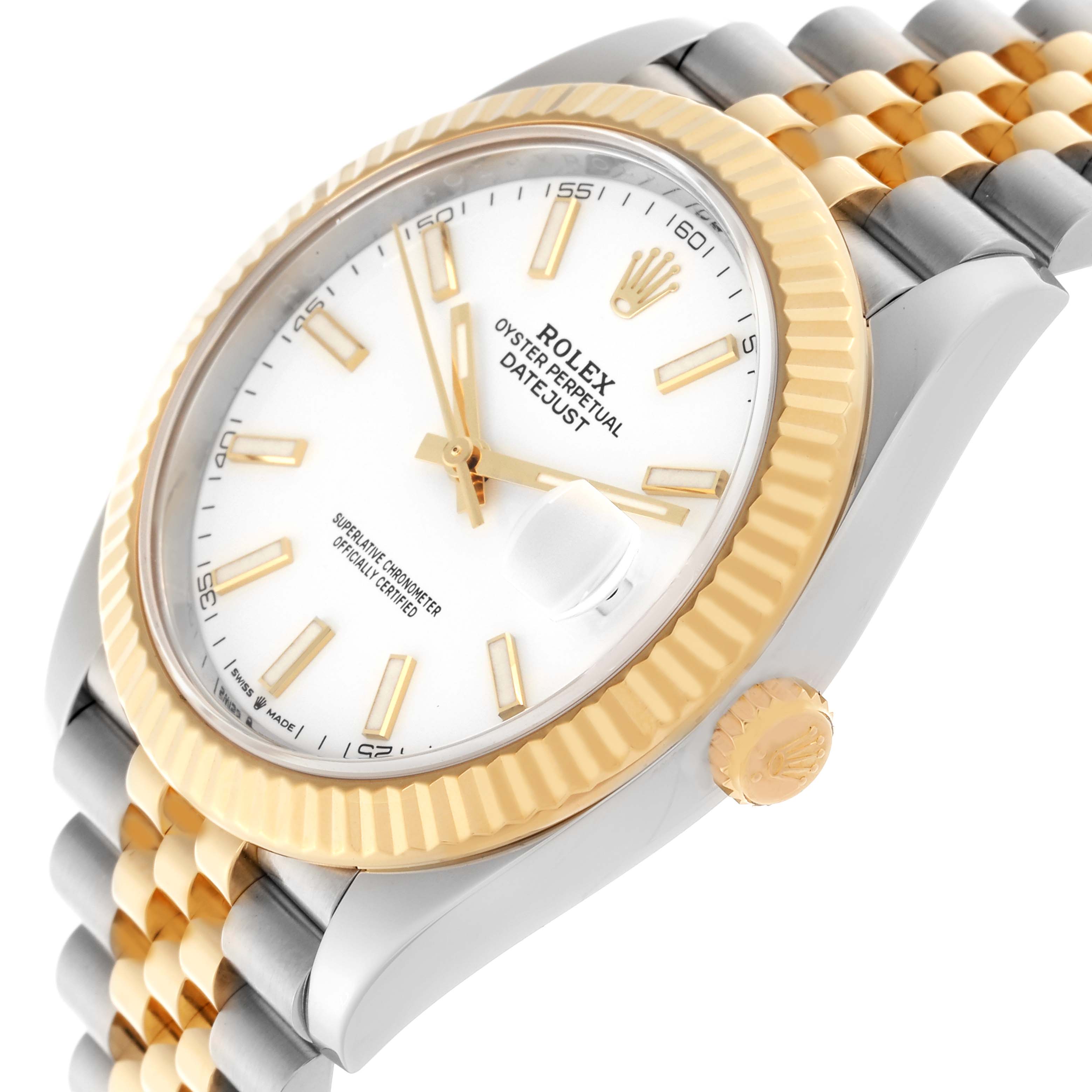 The Rolex Datejust 41 126333 Men's Steel and Gold (two tone) White Dial 126333 Men's Steel and Gold (two tone) White Dial is shown at an angled view, highlighting the face, fluted bezel, crown, and jubilee bracelet.