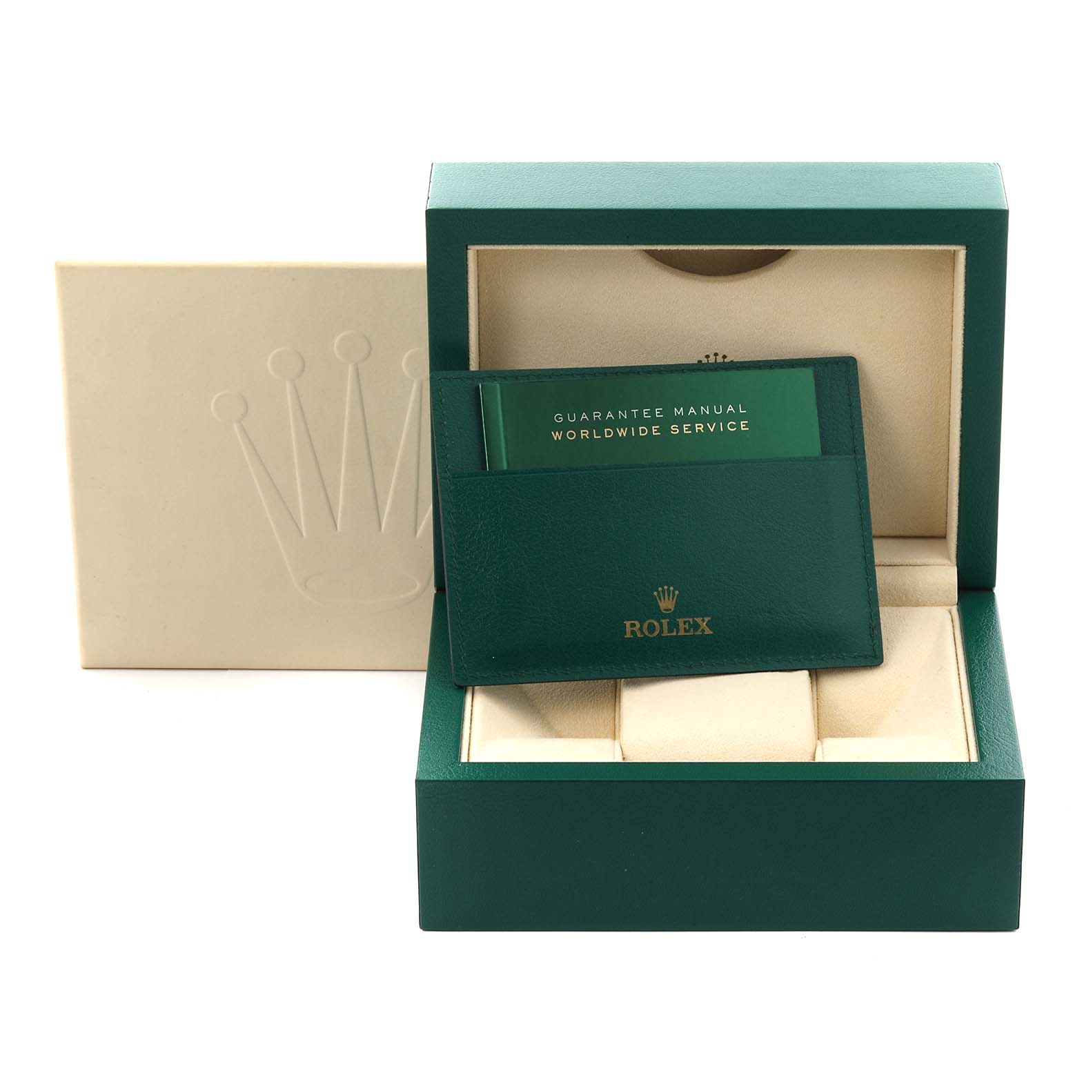 The image shows the Rolex Datejust 41 126333 Men's Steel and Gold (two tone) White Dial 126333 Men's Steel and Gold (two tone) White Dial packaging, warranty card holder, and instruction manual.