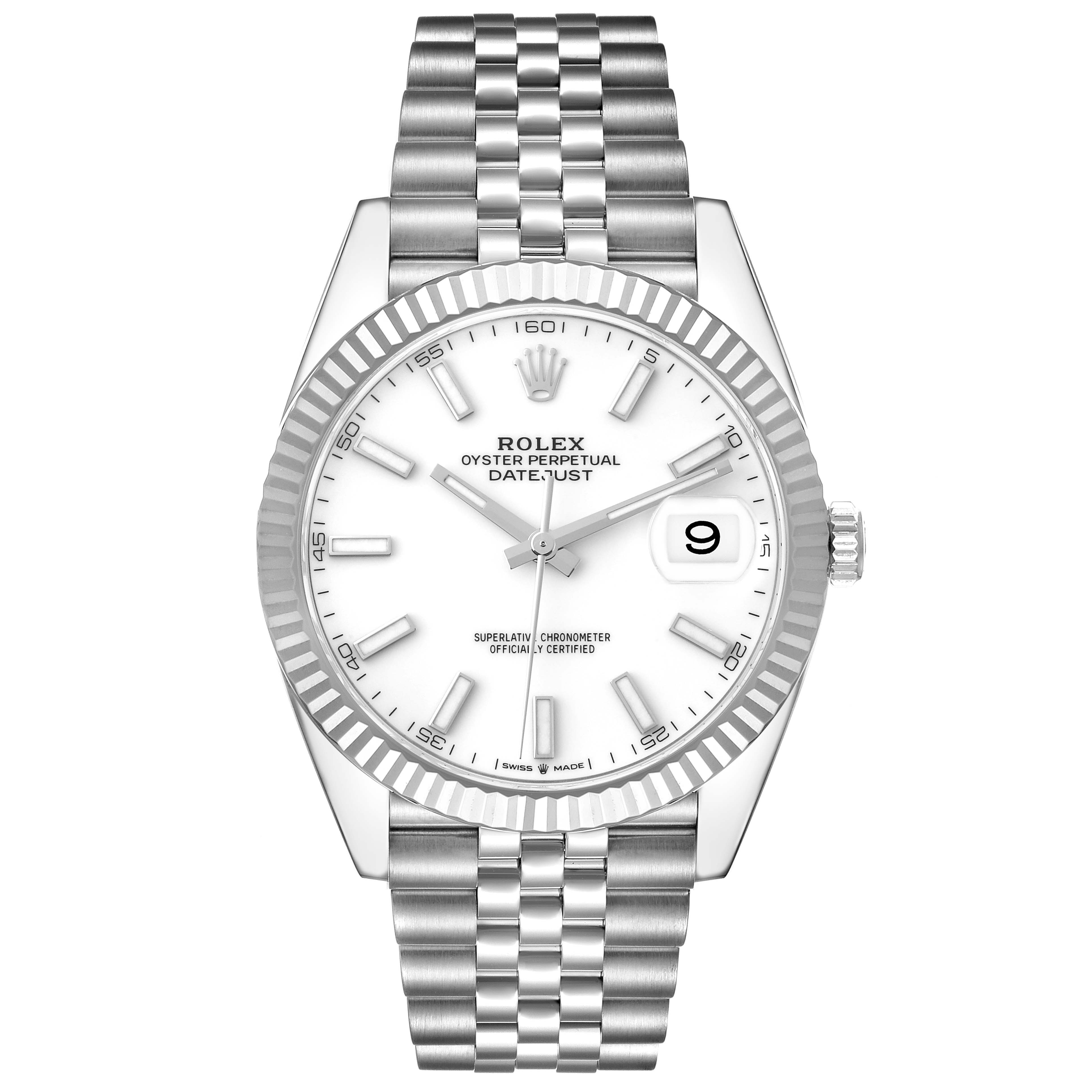 This image shows a front view of the Rolex Datejust 41 126334 Men's Stainless Steel White Dial 126334 Men's Stainless Steel White Dial watch, featuring its dial, bezel, and bracelet.