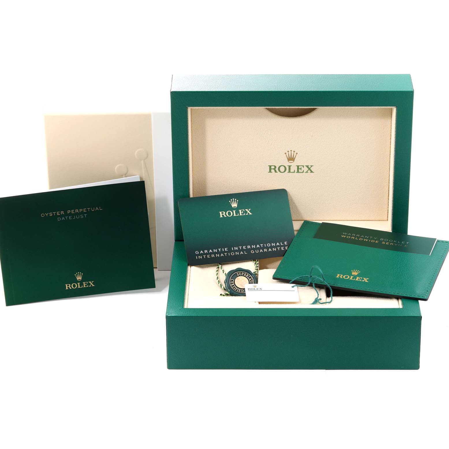 The image shows the Rolex Datejust 41 126334 Men's Stainless Steel White Dial 126334 Men's Stainless Steel White Dial packaging with its box, guarantee card, booklet, and tags neatly displayed.
