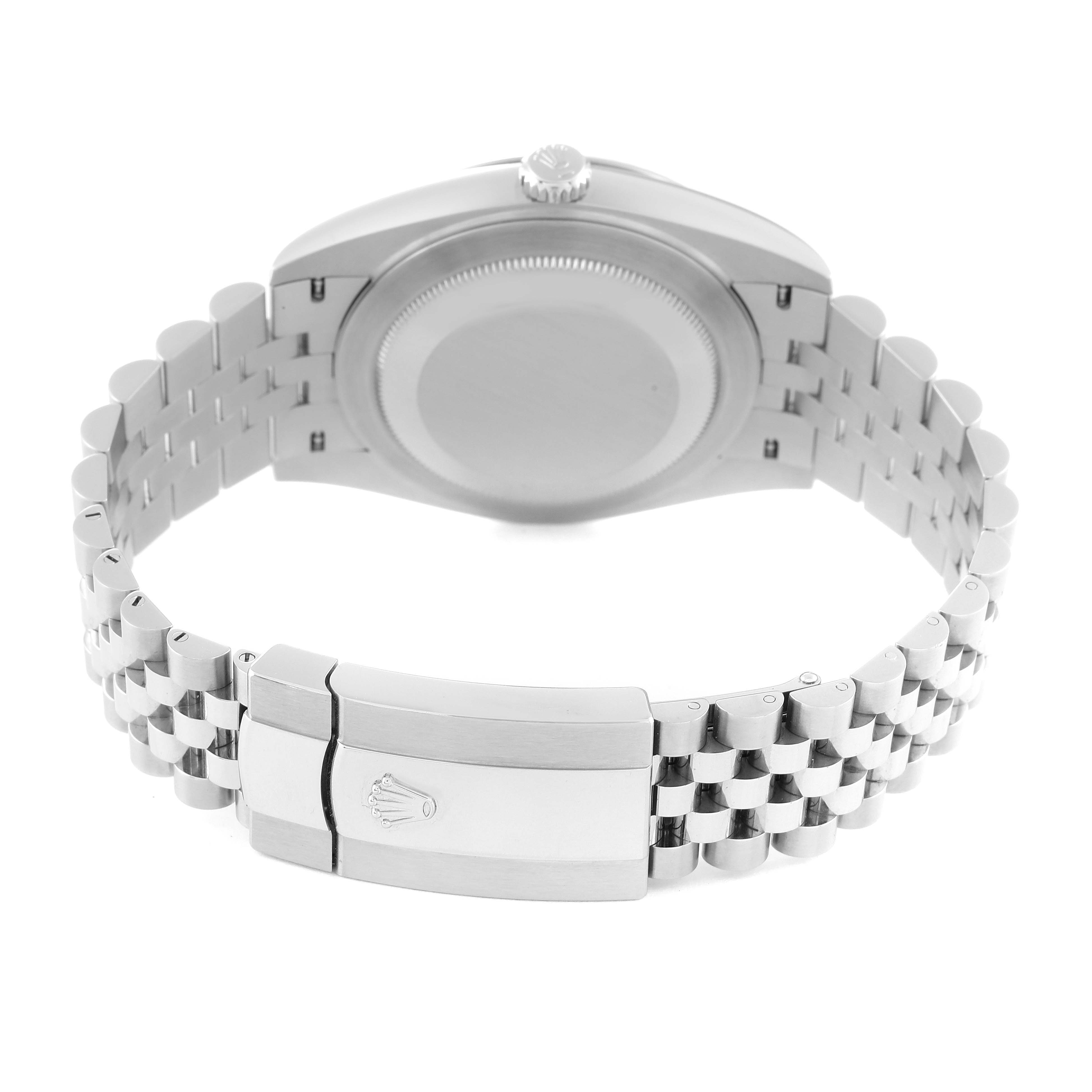 The image shows the back view of the Rolex Datejust 41 126334 Men's Stainless Steel White Dial 126334 Men's Stainless Steel White Dial watch, highlighting its bracelet and clasp.