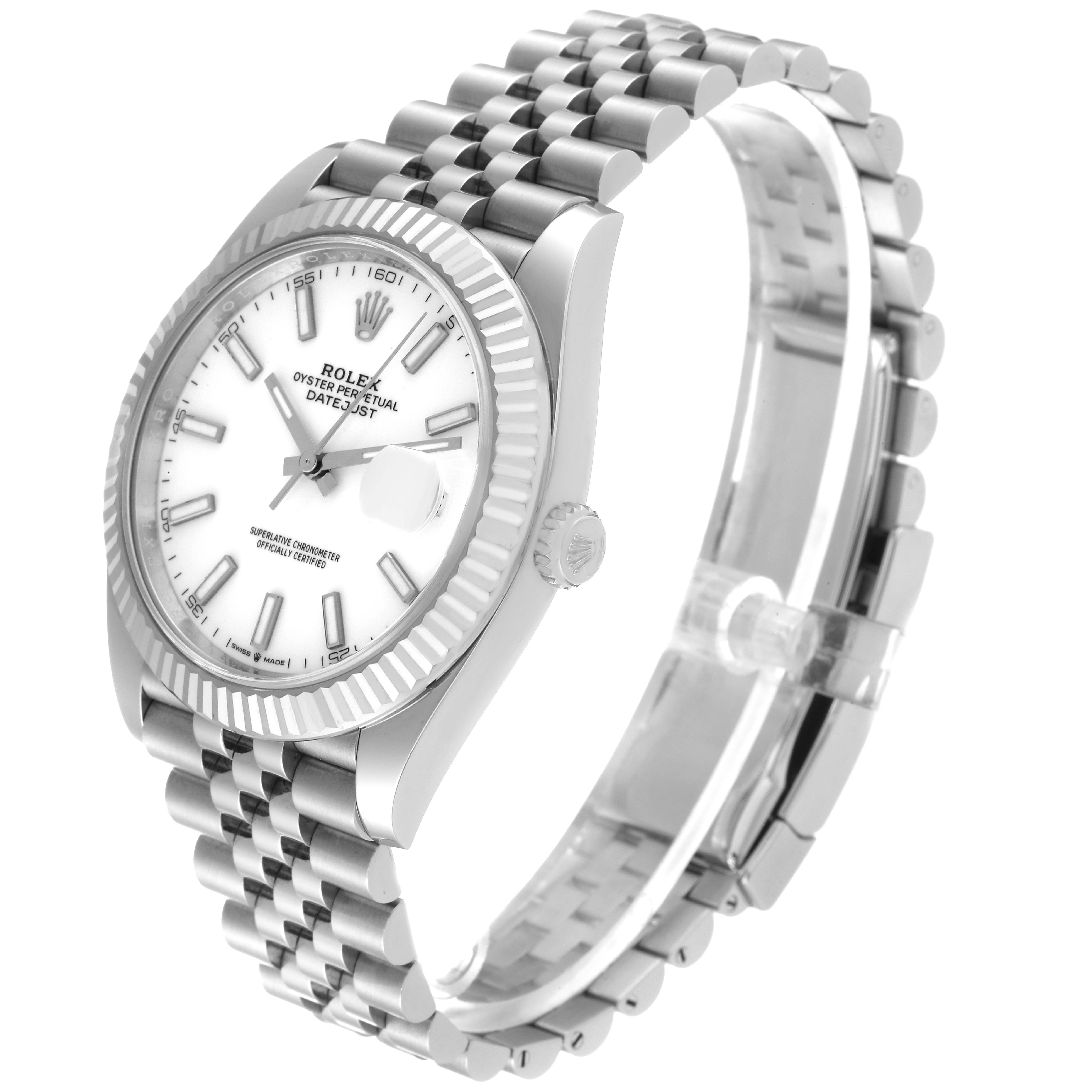 This image shows a Rolex Datejust 41 126334 Men's Stainless Steel White Dial 126334 Men's Stainless Steel White Dial watch from a three-quarter angle, highlighting the face, bezel, and jubilee bracelet.
