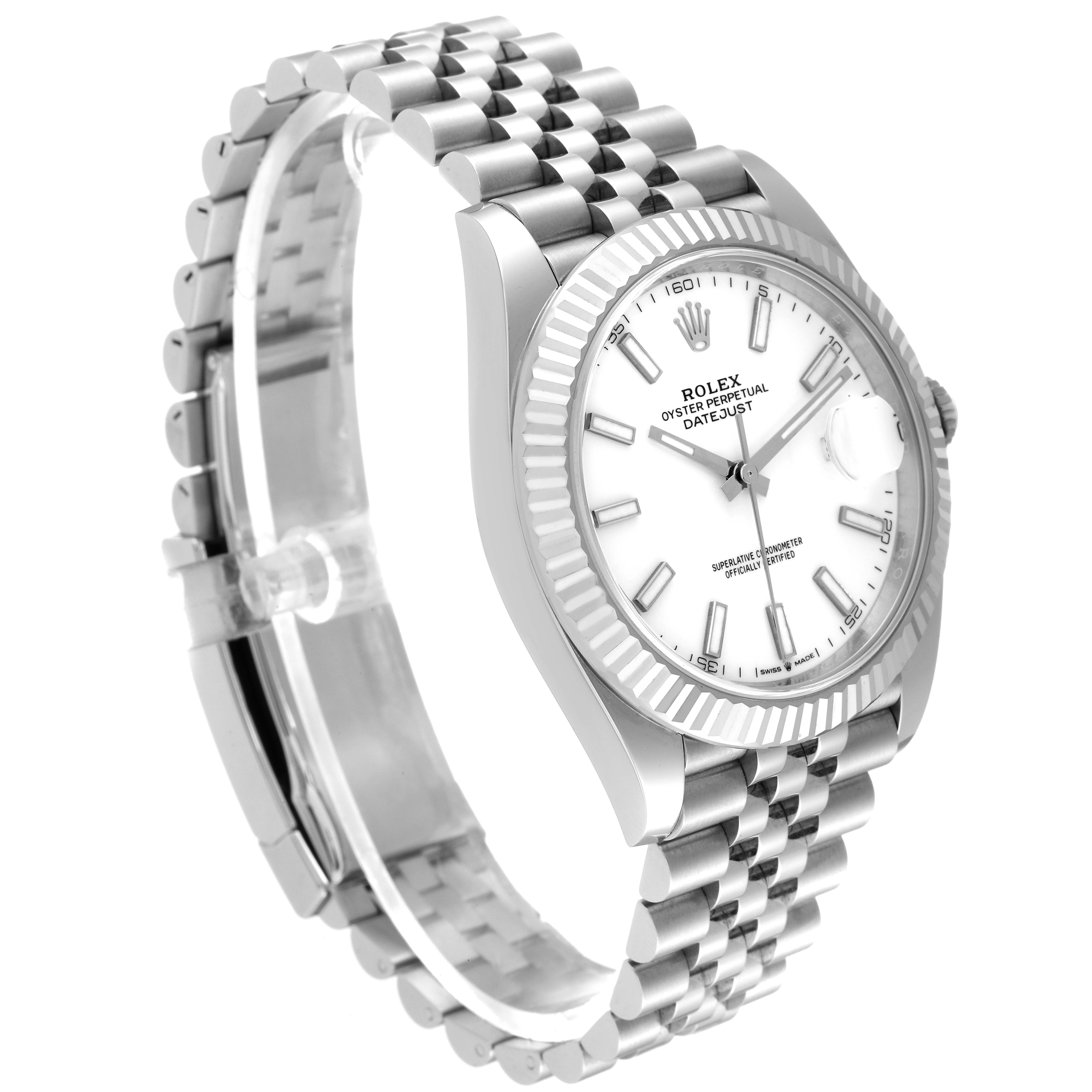 The Rolex Datejust 41 126334 Men's Stainless Steel White Dial 126334 Men's Stainless Steel White Dial watch is shown at a three-quarter angle, displaying the face, bezel, and bracelet.
