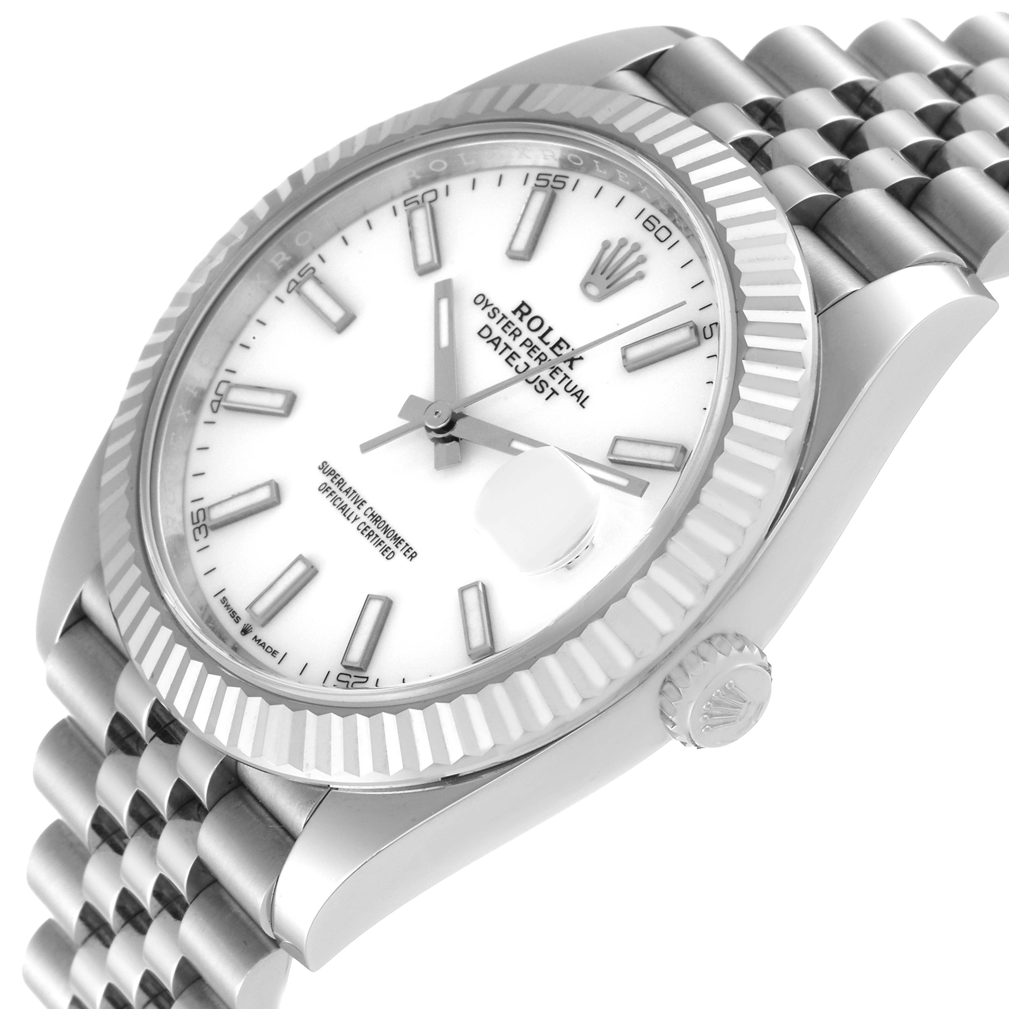 The image shows a Rolex Datejust 41 126334 Men's Stainless Steel White Dial 126334 Men's Stainless Steel White Dial watch at an angled view, highlighting the face, bezel, crown, and part of the bracelet.