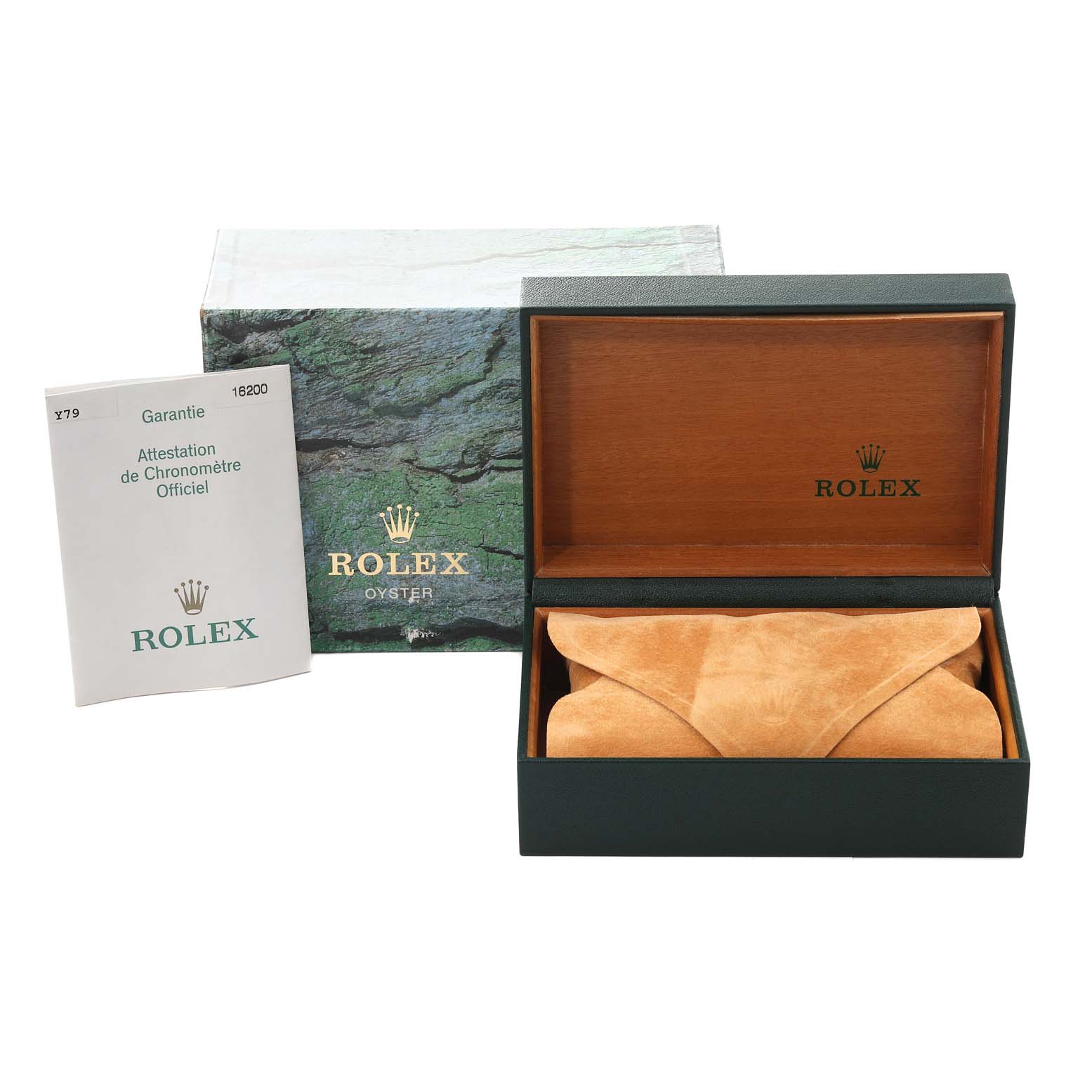 The image shows a Rolex Datejust 16200 Men's Stainless Steel Black Dial 16200 Men's Stainless Steel Black Dial watch box, documentation, outer box, and a suede pouch.