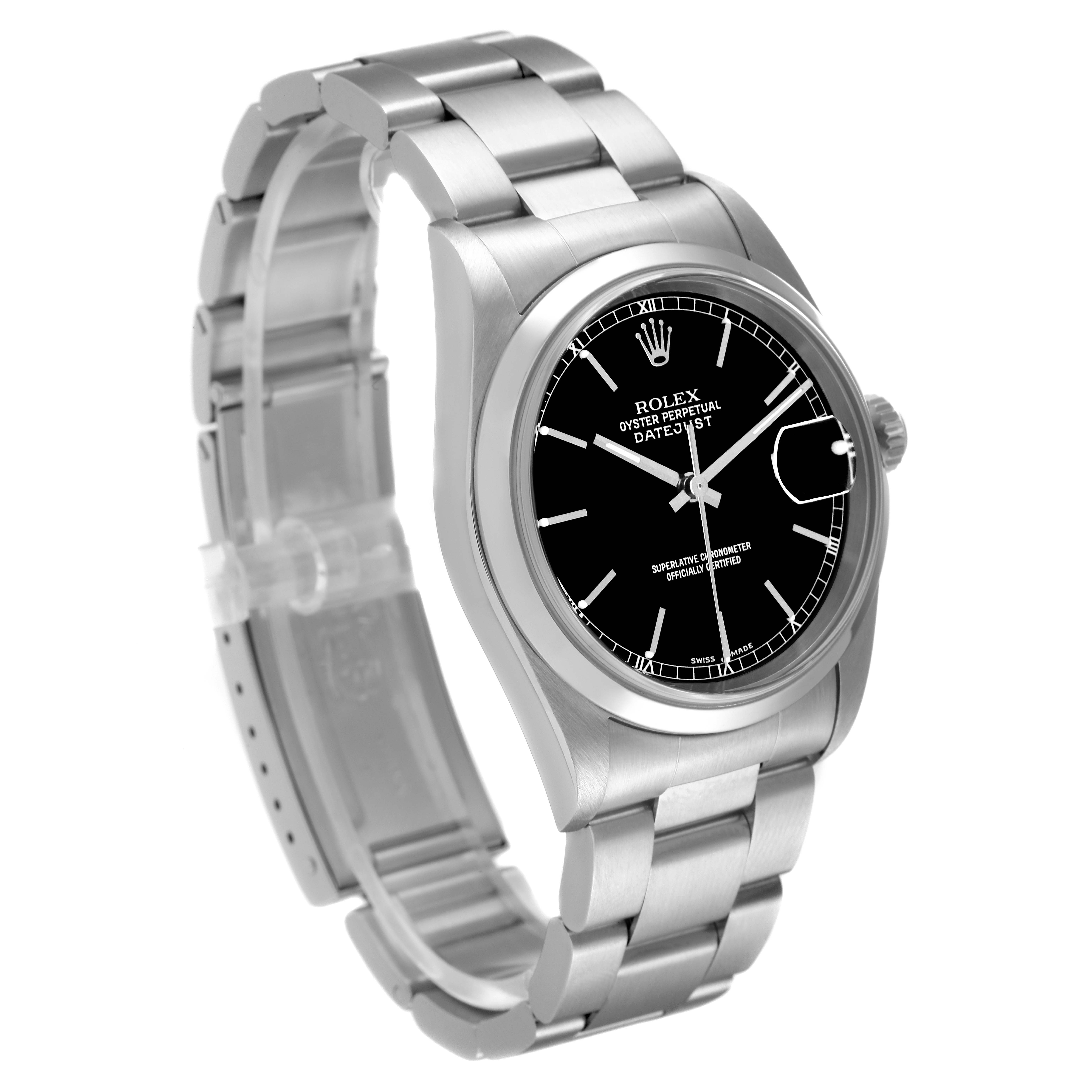 The Rolex Datejust 16200 Men's Stainless Steel Black Dial 16200 Men's Stainless Steel Black Dial watch is shown at a three-quarter angle, highlighting the dial, bezel, and bracelet.