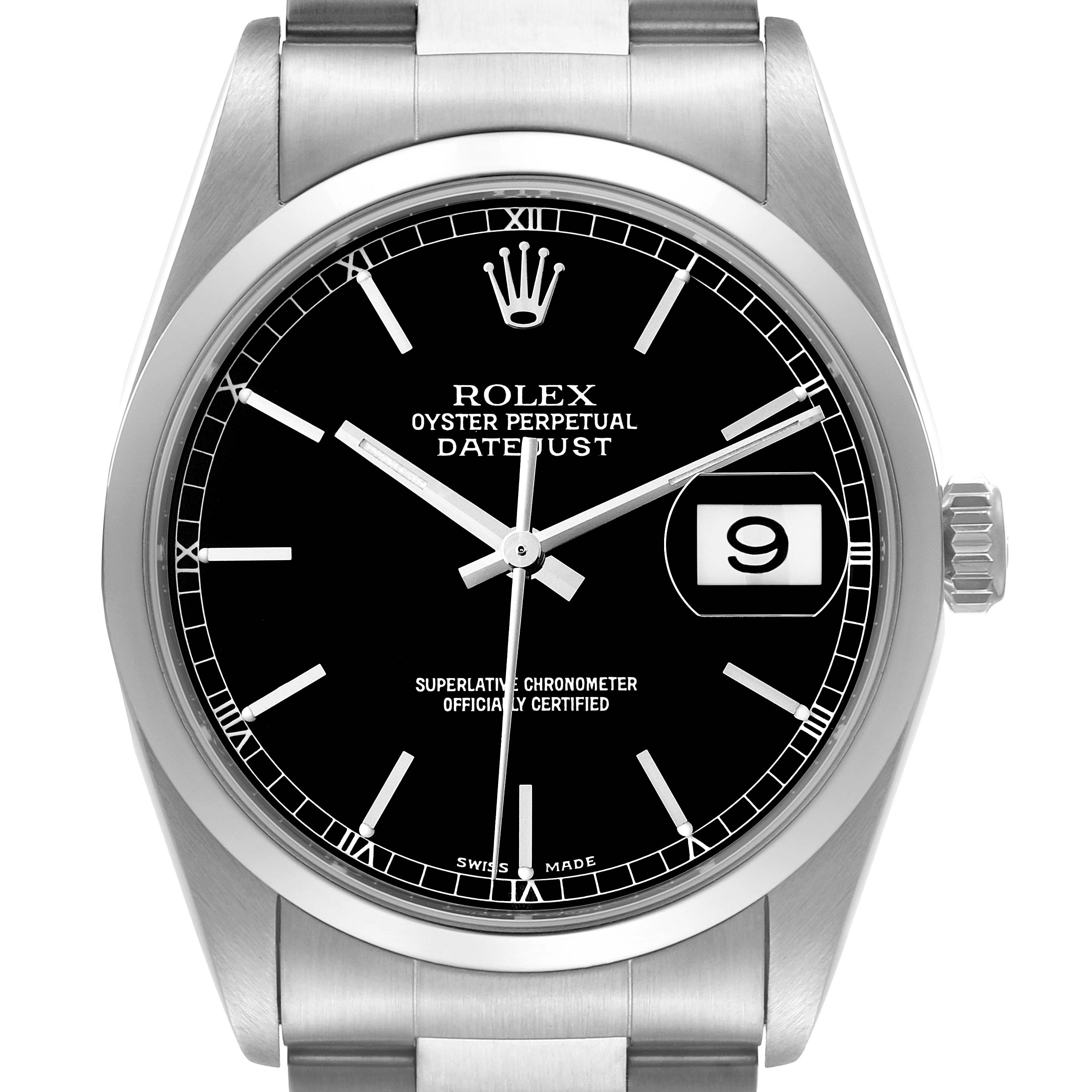 The Rolex Datejust 16200 Men's Stainless Steel Black Dial 16200 Men's Stainless Steel Black Dial watch is shown from a front angle, highlighting its black dial, date window, and stainless steel case and bracelet.