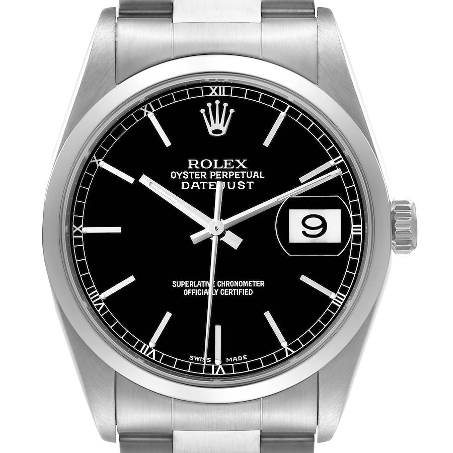 Rolex Datejust Black Dial Oyster Bracelet Steel Mens Watch 16200 Box Papers SwissWatchExpo
