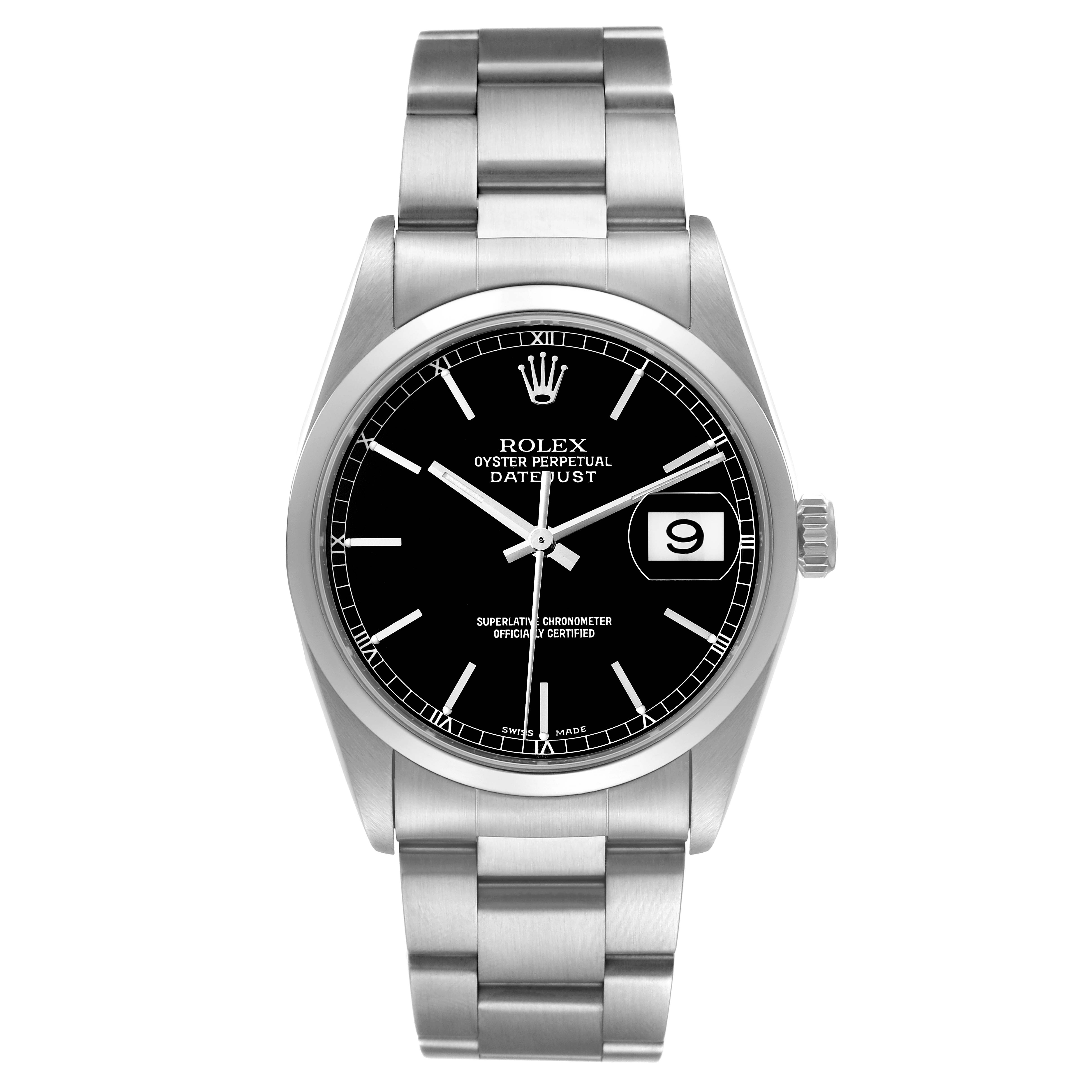 This image displays a front view of the Rolex Datejust 16200 Men's Stainless Steel Black Dial 16200 Men's Stainless Steel Black Dial watch, showcasing its dial, bracelet, and date window.