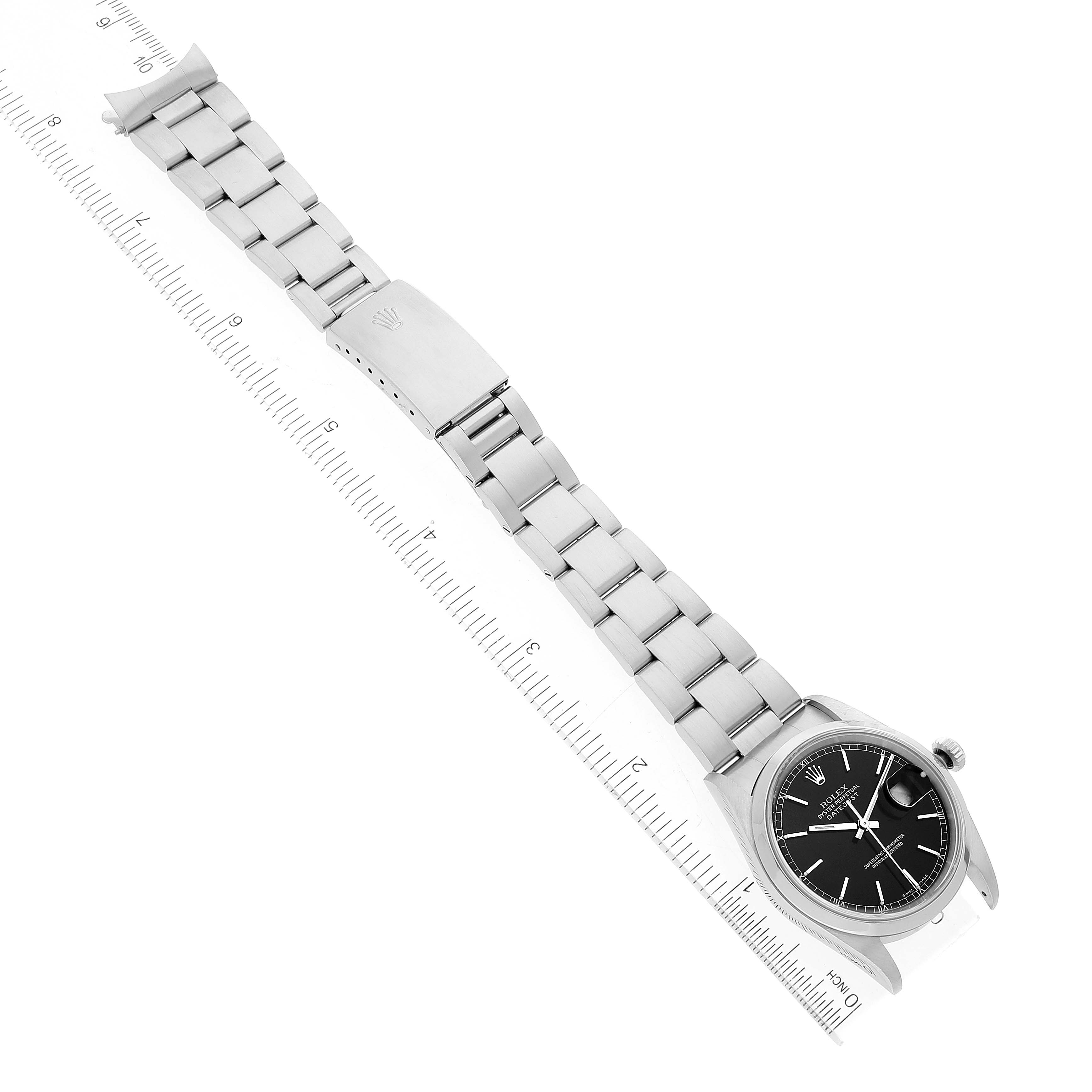 The image shows a Rolex Datejust 16200 Men's Stainless Steel Black Dial 16200 Men's Stainless Steel Black Dial watch in a top-down view, displaying the full bracelet, clasp, and face.