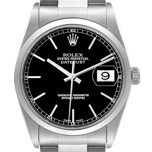 Photo of Rolex Datejust Black Dial Oyster Bracelet Steel Mens Watch 16200 Box Papers