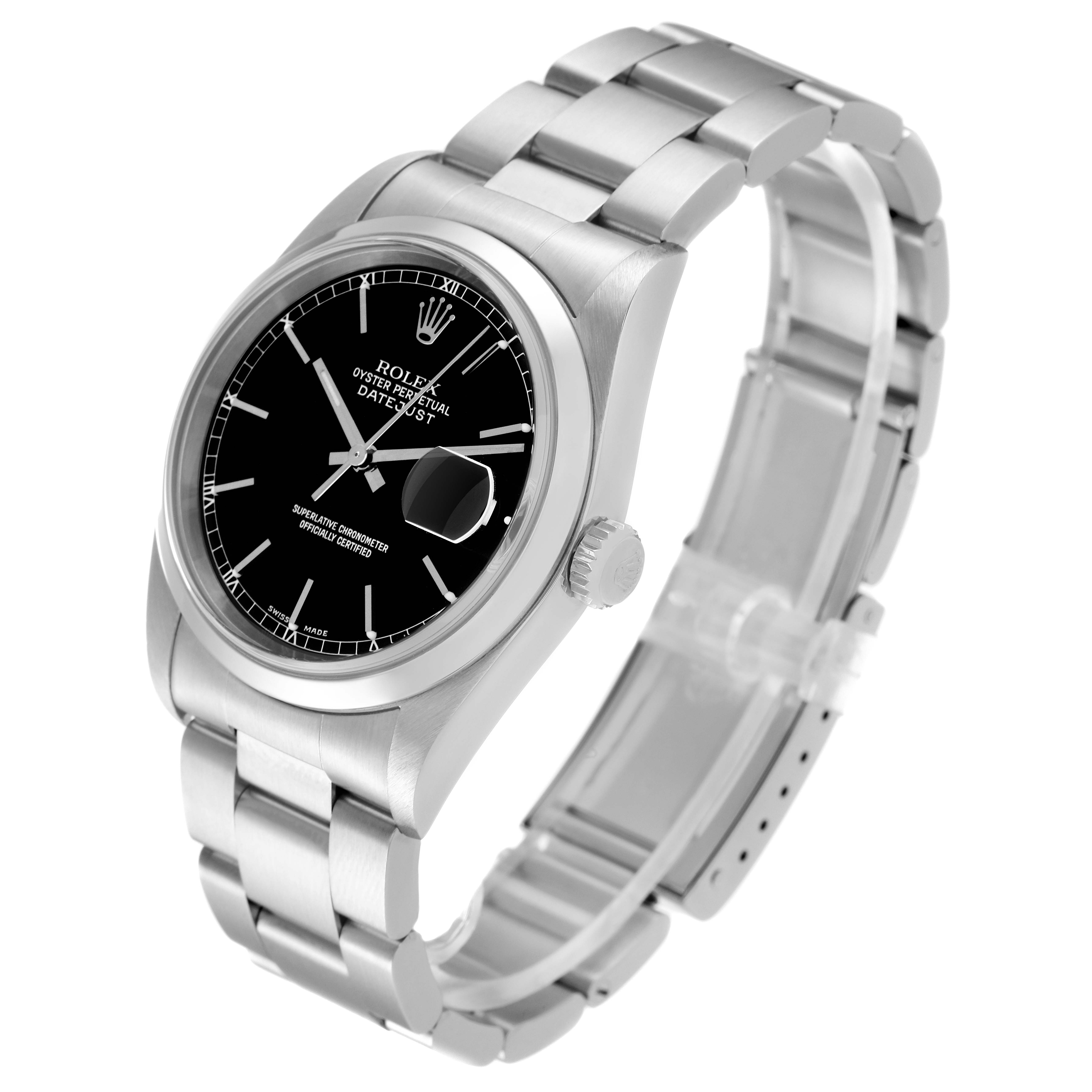 The image shows a Rolex Datejust 16200 Men's Stainless Steel Black Dial 16200 Men's Stainless Steel Black Dial watch at a three-quarter angle, displaying the face, bezel, crown, and bracelet.