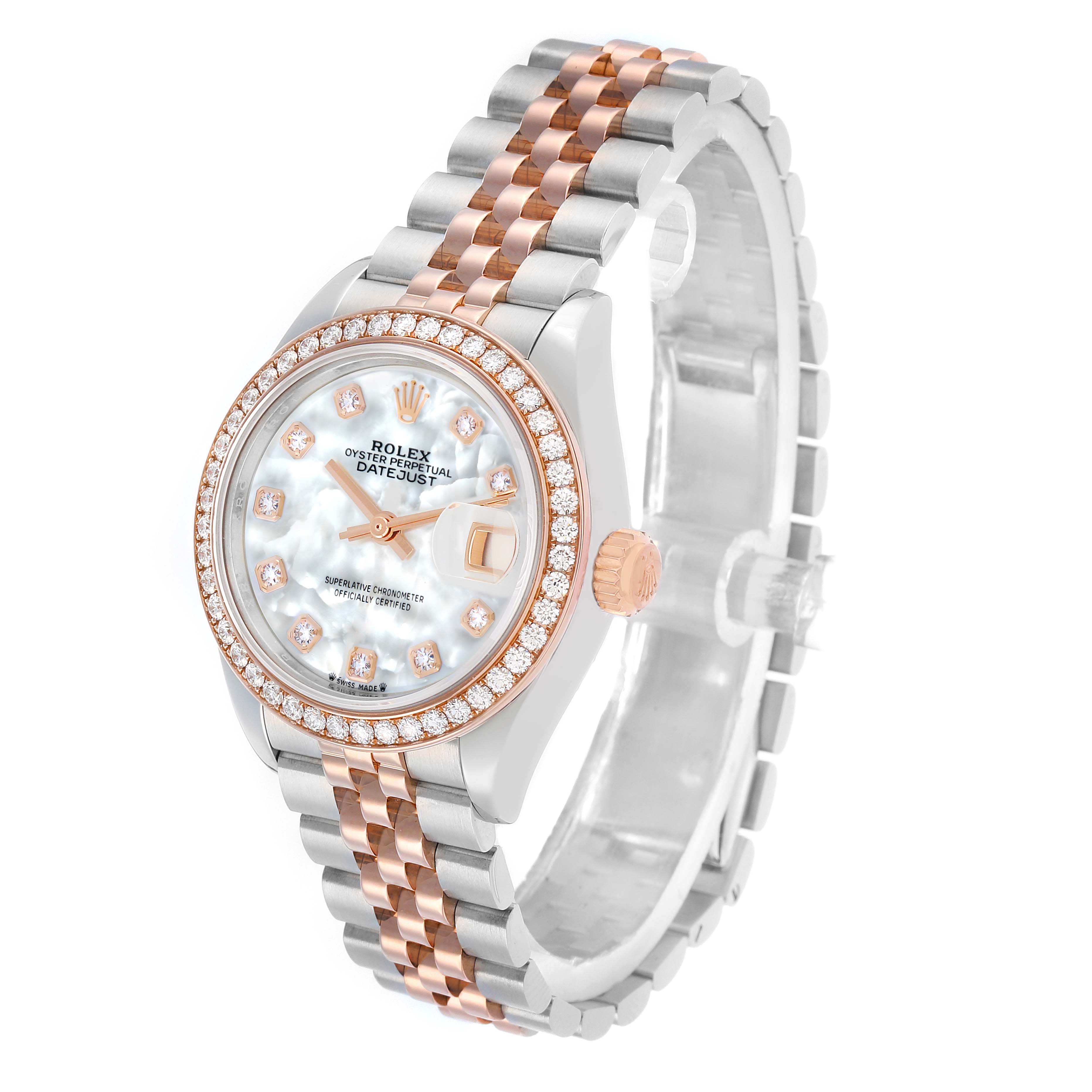 The Rolex Datejust 279381 Women
s Steel and Gold (two tone) Mother of Pearl Dial watch is shown at a slight angle, highlighting the dial, bezel, crown, and bracelet.