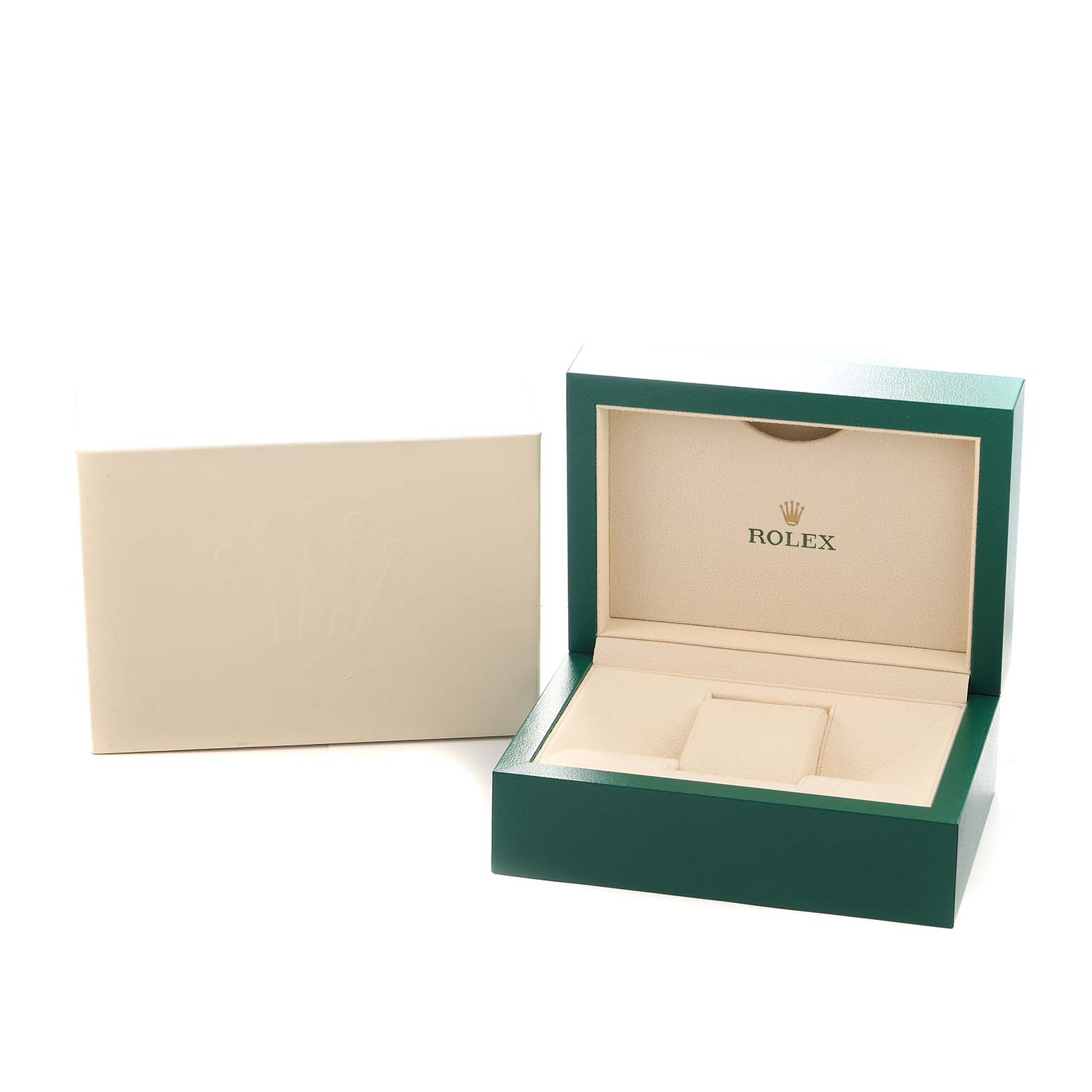 The image shows an open Rolex Datejust 279381 Women
s Steel and Gold (two tone) Mother of Pearl Dial watch box with a closed matching outer box beside it.