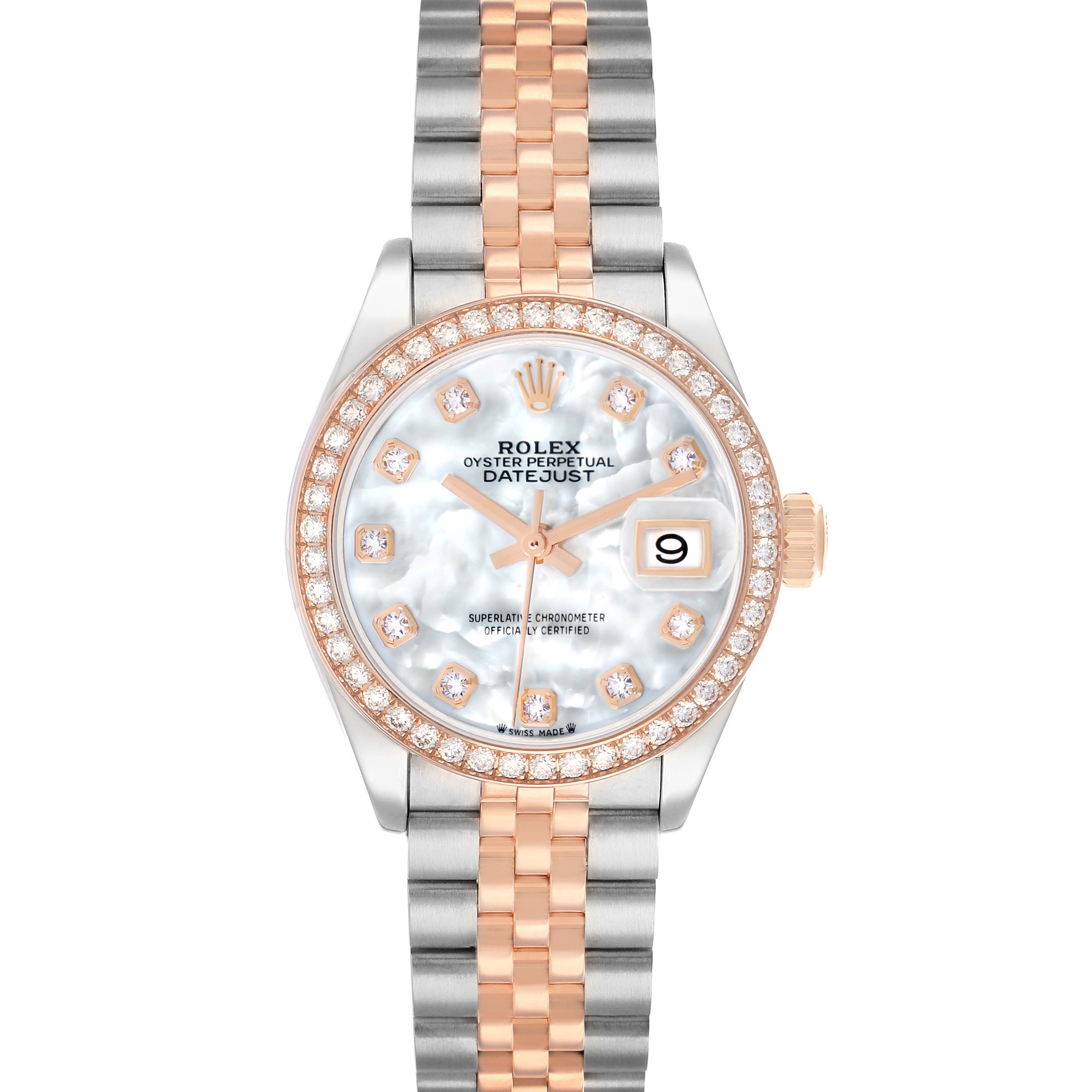 The Rolex Datejust 279381 Women
s Steel and Gold (two tone) Mother of Pearl Dial watch is shown from a front angle, highlighting the dial, bezel, and two-tone bracelet.