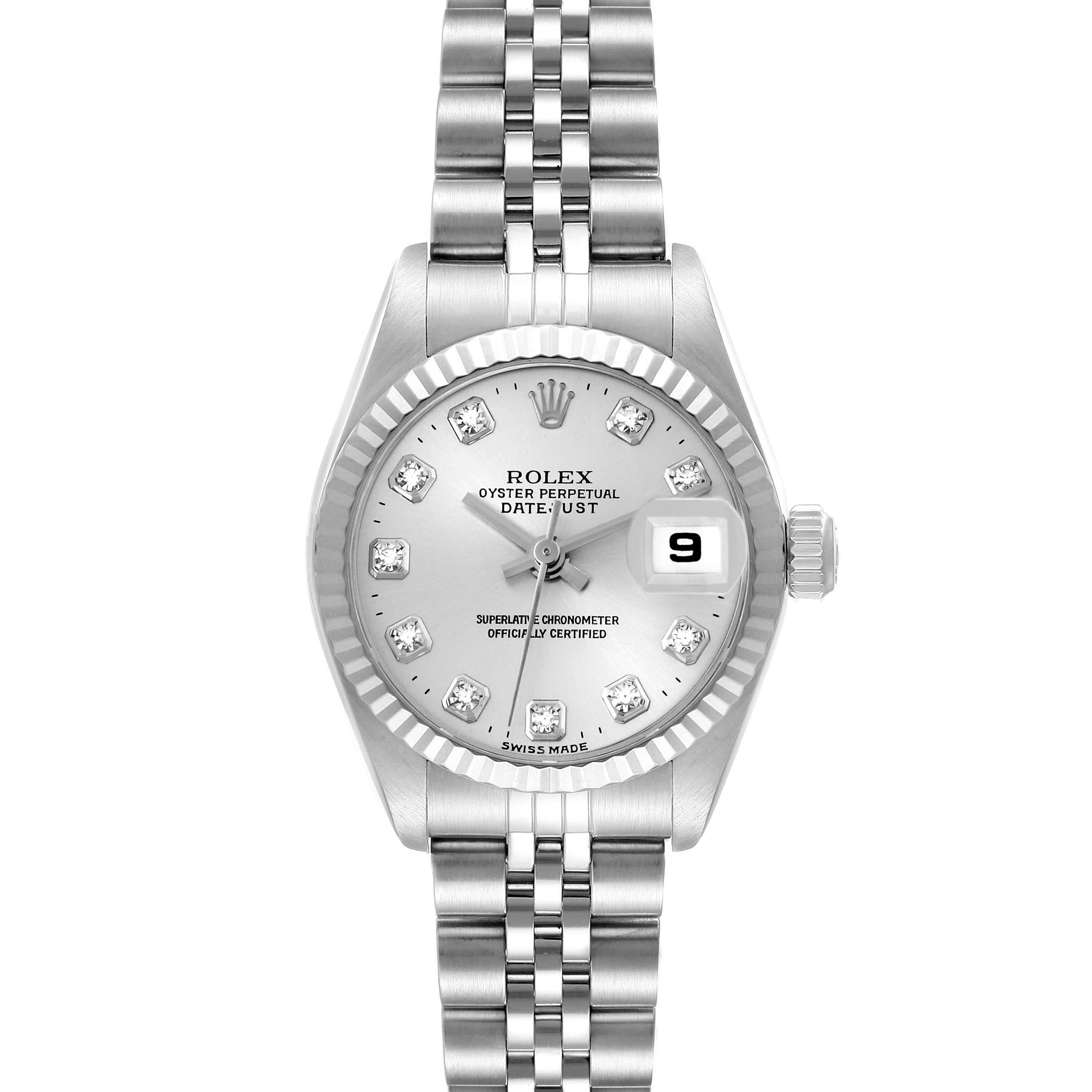 The Rolex Datejust 79174 Women's Stainless Steel Mother of Pearl Dial 79174 Women's Stainless Steel Mother of Pearl Dial is shown from a top-down angle, displaying the entire face, bezel, and bracelet.