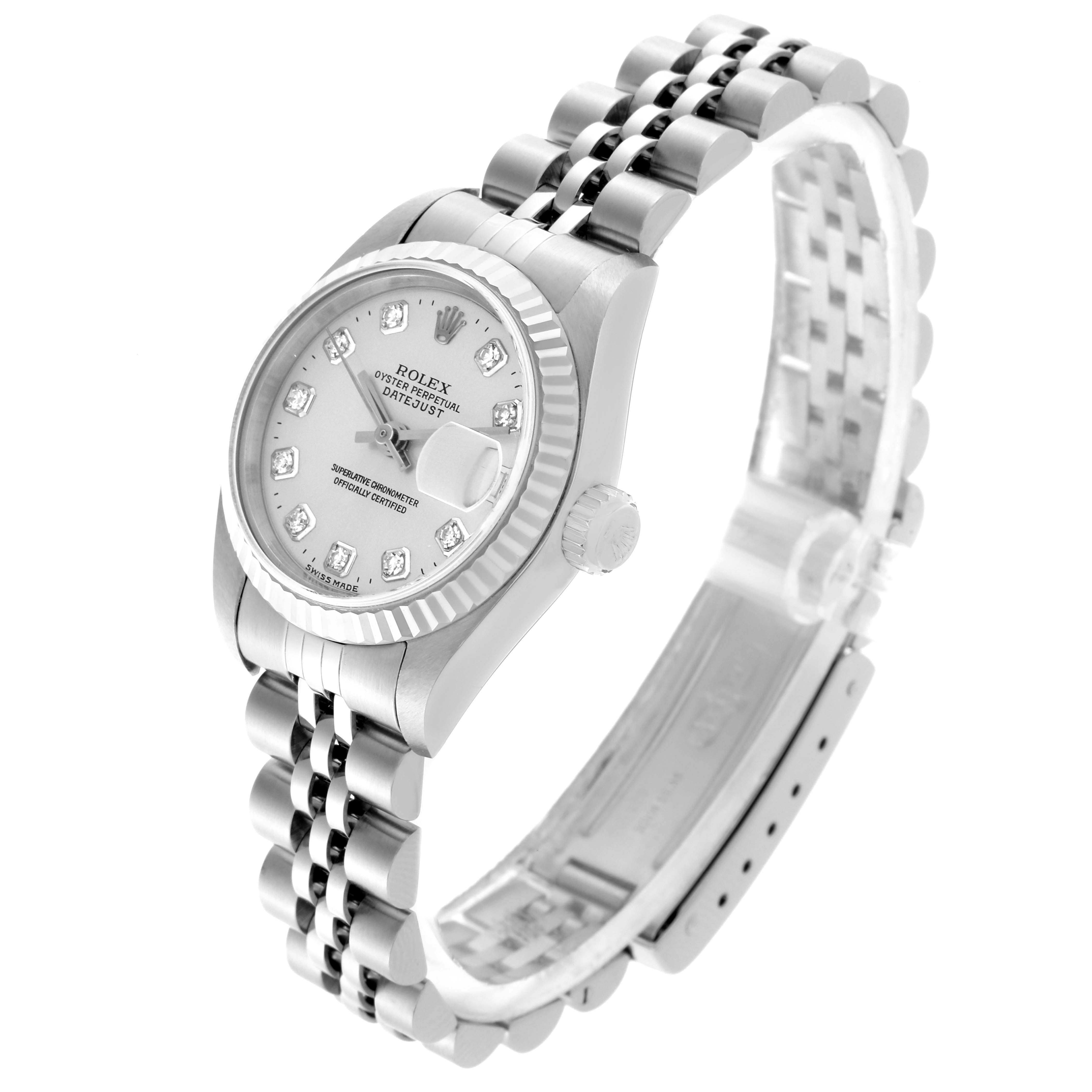 The Rolex Datejust 79174 Women's Stainless Steel Mother of Pearl Dial 79174 Women's Stainless Steel Mother of Pearl Dial watch is shown in a side angle highlighting the dial, bezel, crown, and part of the bracelet.