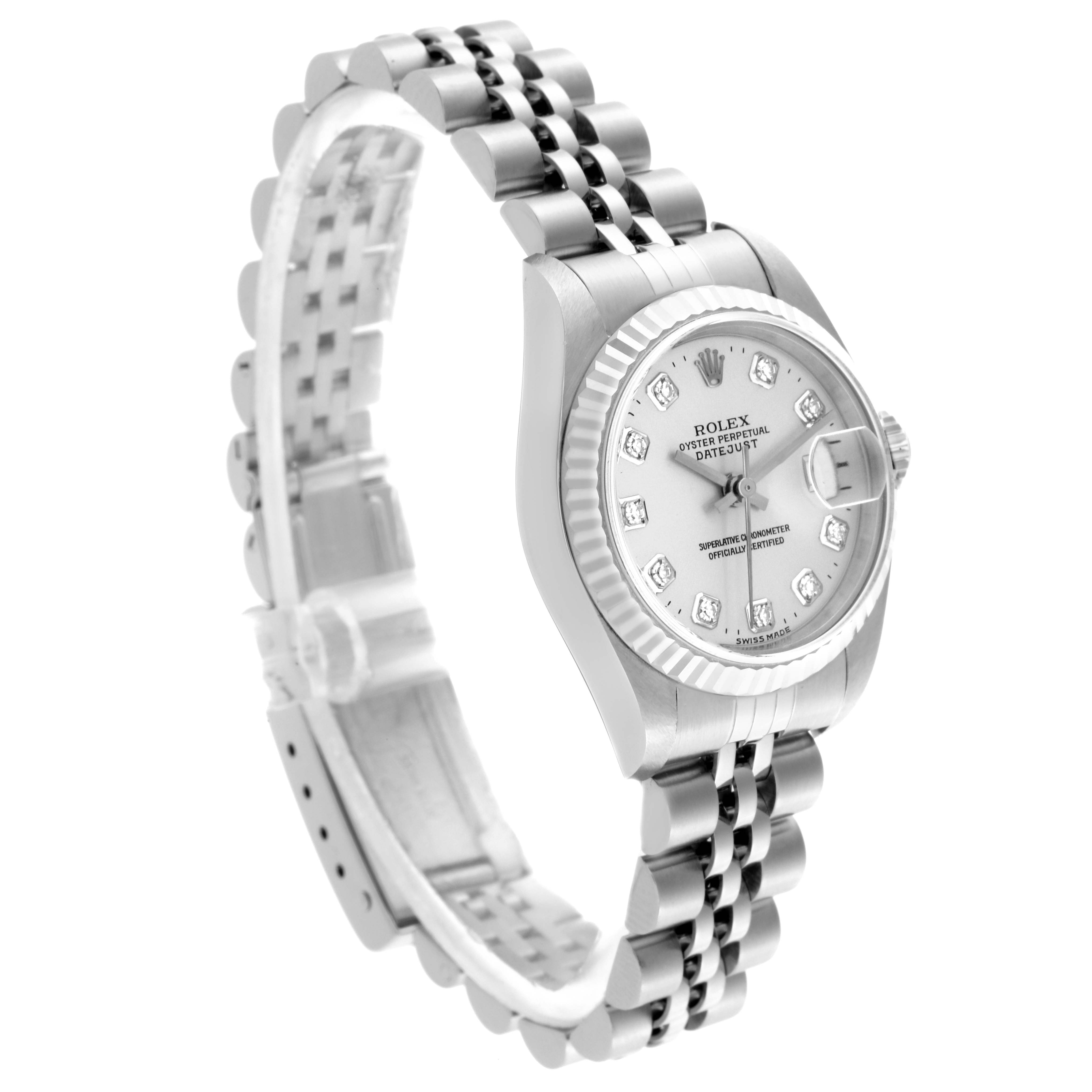 The Rolex Datejust 79174 Women's Stainless Steel Mother of Pearl Dial 79174 Women's Stainless Steel Mother of Pearl Dial watch is shown at a three-quarter angle, displaying the dial, bezel, and Jubilee bracelet.