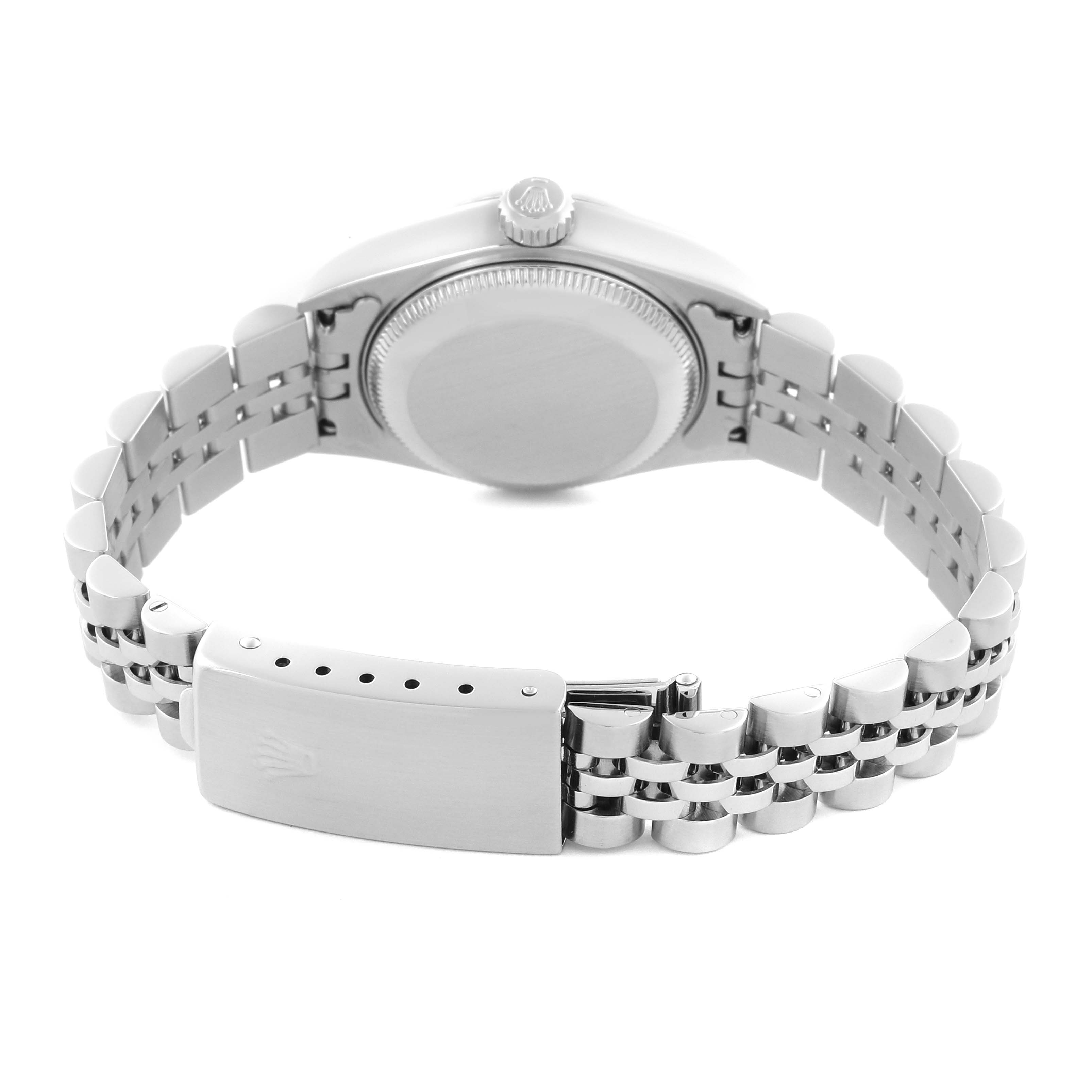 The image shows a Rolex Datejust 79174 Women's Stainless Steel Mother of Pearl Dial 79174 Women's Stainless Steel Mother of Pearl Dial watch from the back, highlighting the case, bracelet, and clasp.