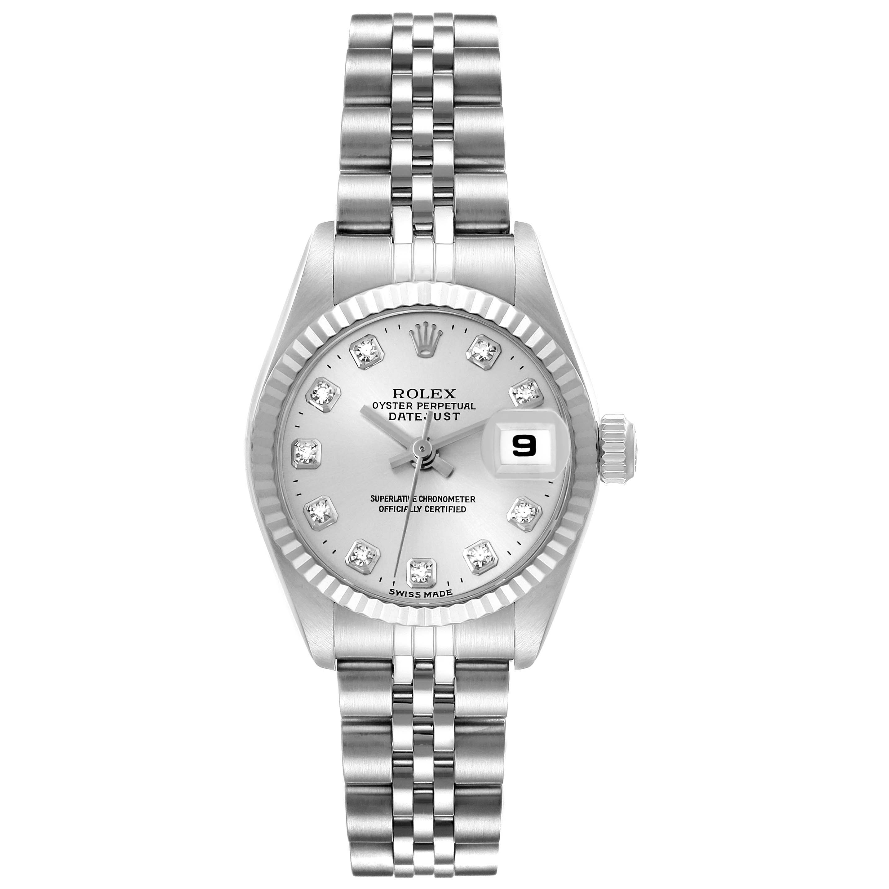 The Rolex Datejust 79174 Women's Stainless Steel Mother of Pearl Dial 79174 Women's Stainless Steel Mother of Pearl Dial watch is shown from a front angle, displaying the dial, bezel, bracelet, and crown.