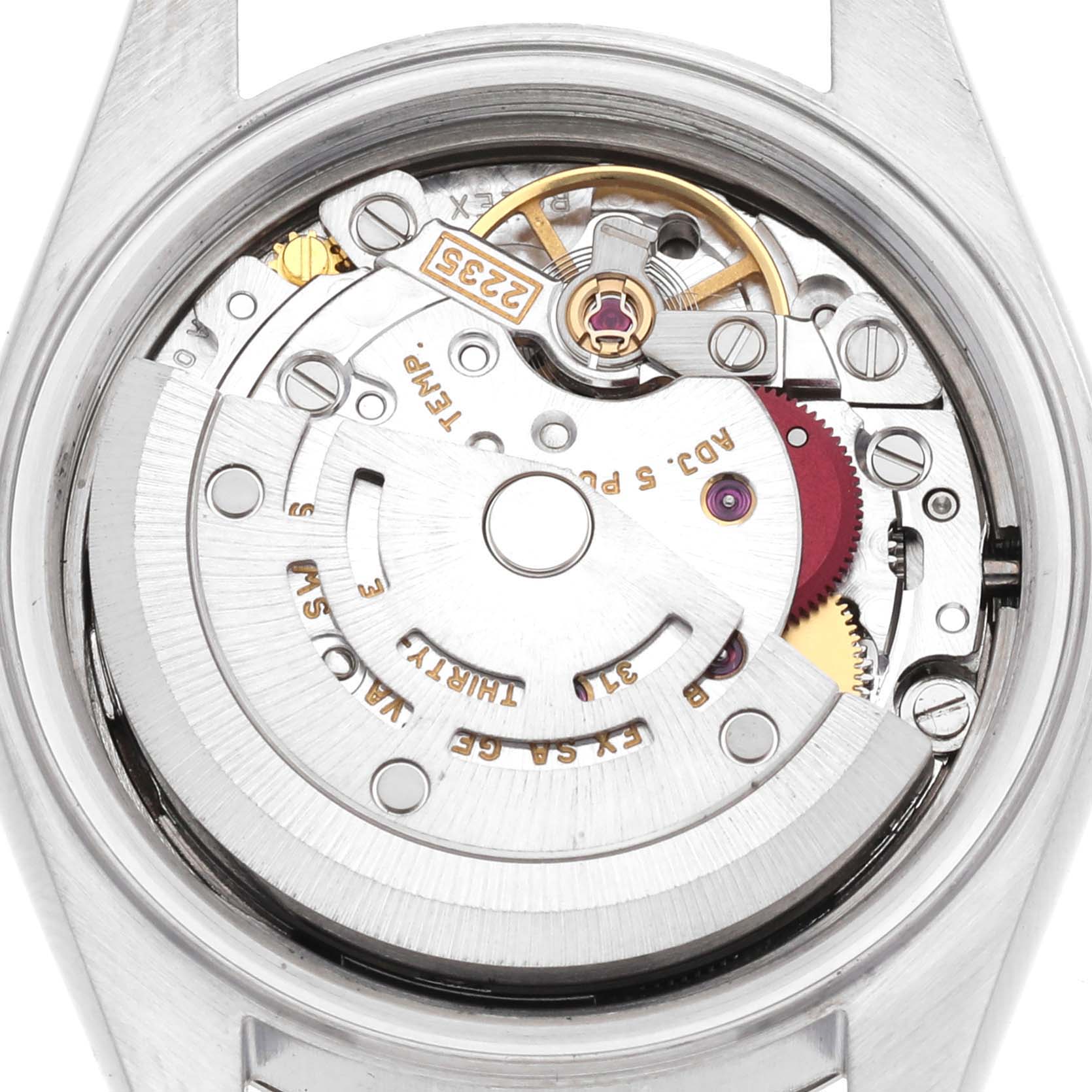 The image shows the movement of a Rolex Datejust 79174 Women's Stainless Steel Mother of Pearl Dial 79174 Women's Stainless Steel Mother of Pearl Dial, highlighting gears and the oscillating weight from a rear angle.