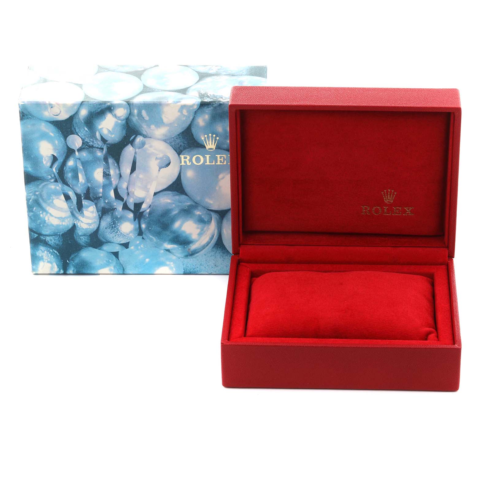 The image shows a Rolex Datejust 79174 Women's Stainless Steel Mother of Pearl Dial 79174 Women's Stainless Steel Mother of Pearl Dial packaging, including a blue outer box and an open red interior box with a pillow for the watch.