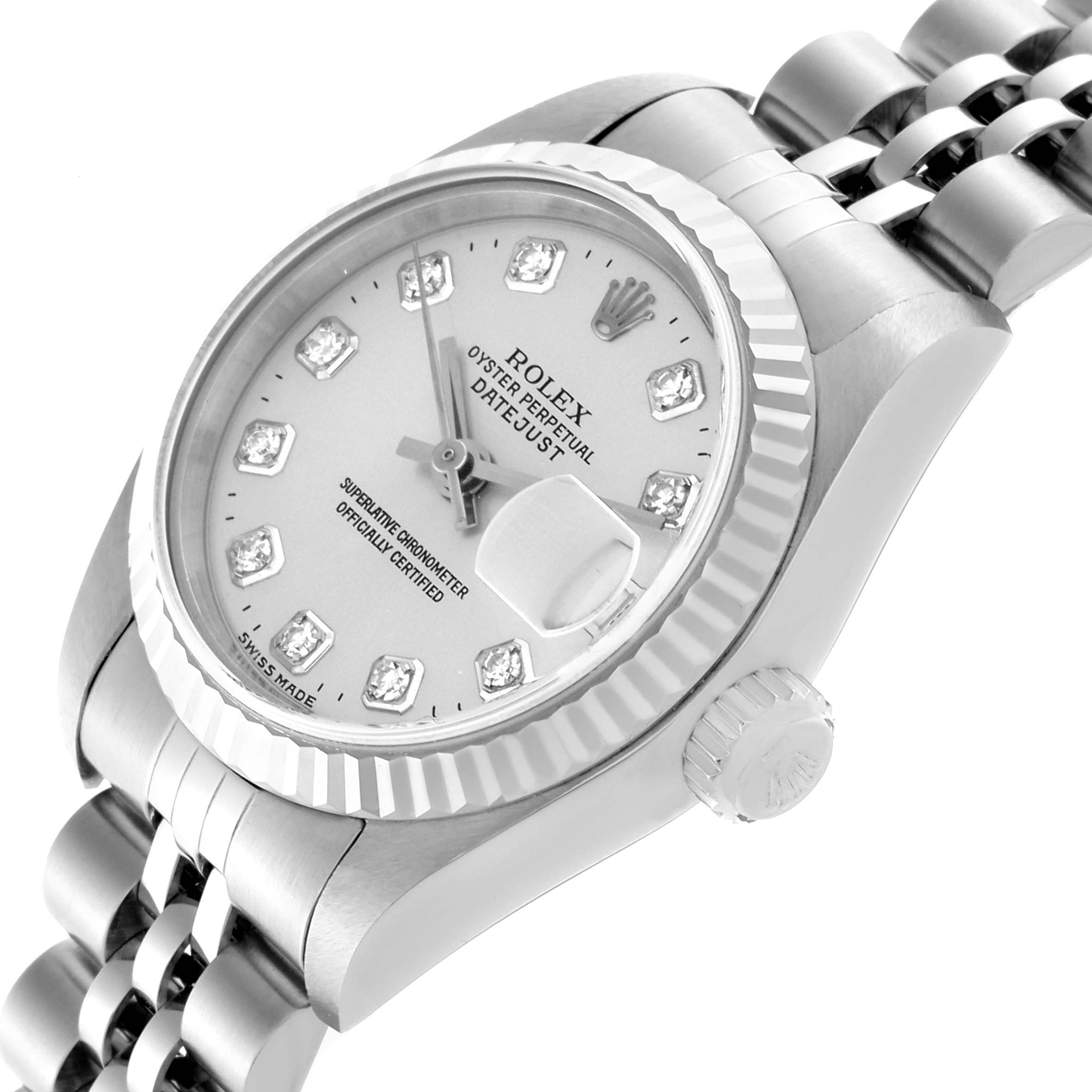 The Rolex Datejust 79174 Women's Stainless Steel Mother of Pearl Dial 79174 Women's Stainless Steel Mother of Pearl Dial watch is shown at a three-quarter angle, highlighting the dial, bezel, crown, and bracelet.