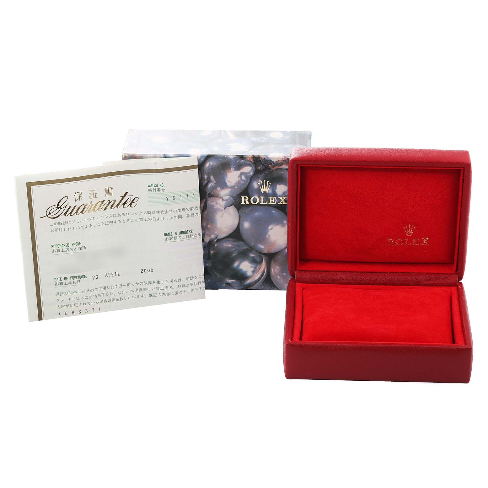 The image shows the packaging and warranty paper for a Rolex Datejust 79174 Women's Stainless Steel Silver Dial 79174 Women's Stainless Steel Silver Dial model from a front angle.